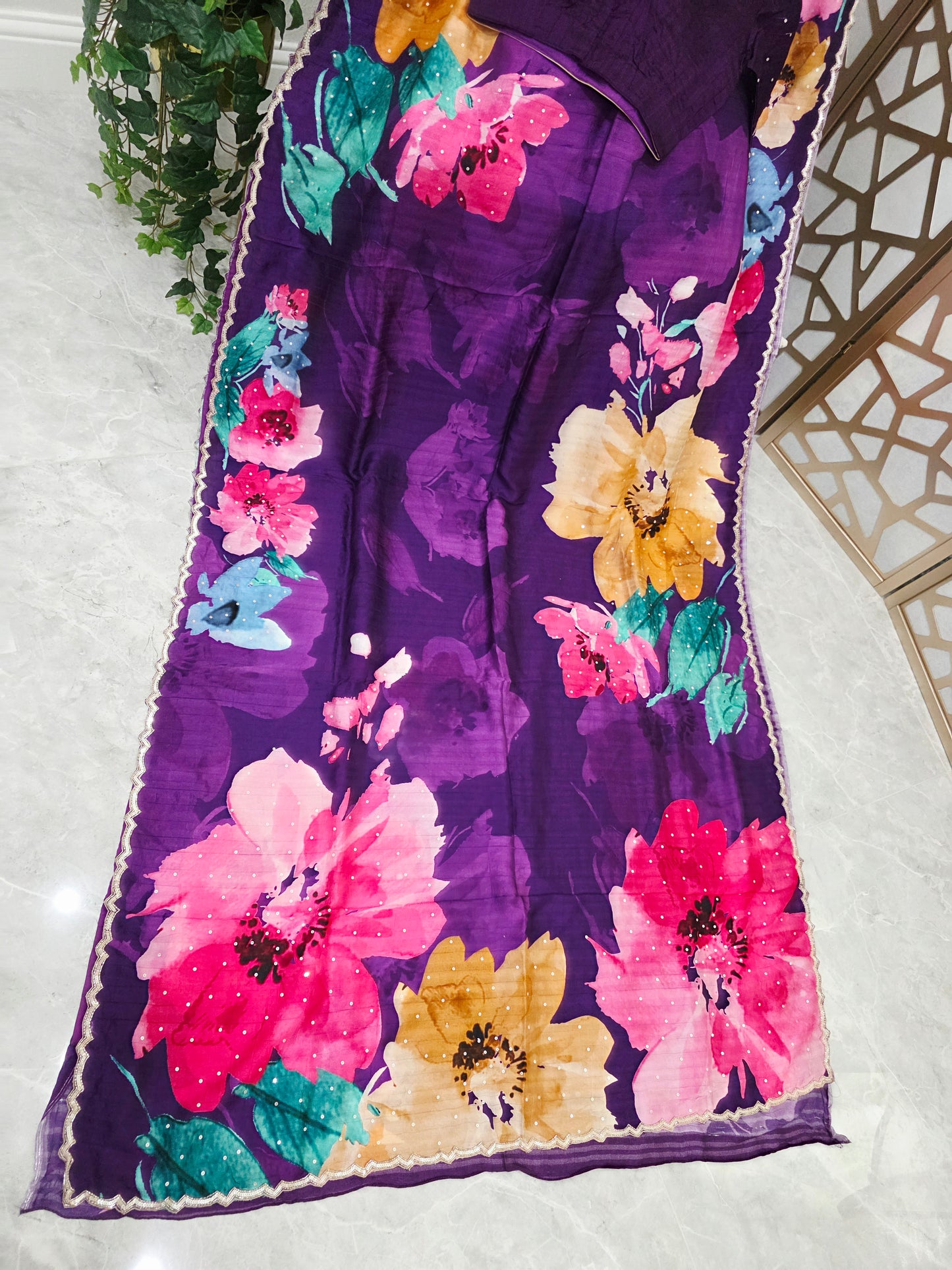Amethyst Purple Floral Russian Crepe Silk Saree with Scalloped Sequin Border & Matching Stitched Blouse Size 34, Extendable to 40