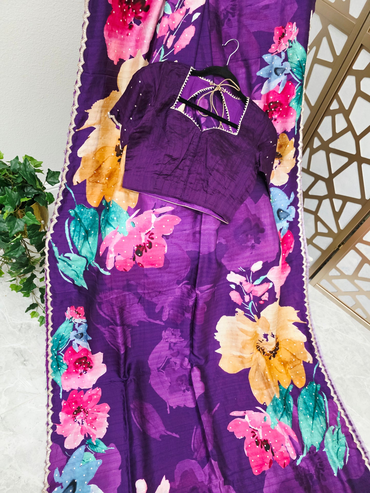 Amethyst Purple Floral Russian Crepe Silk Saree with Scalloped Sequin Border & Matching Stitched Blouse Size 34, Extendable to 40