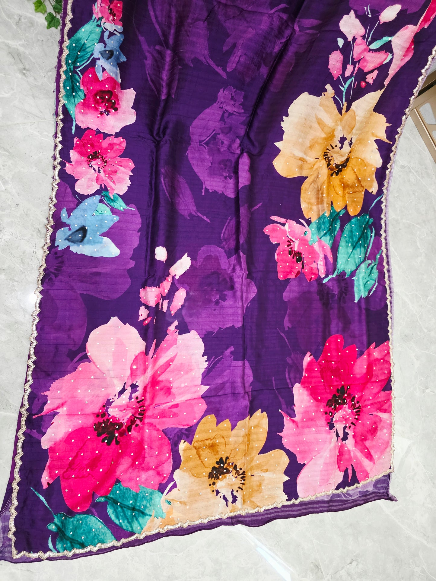Amethyst Purple Floral Russian Crepe Silk Saree with Scalloped Sequin Border & Matching Stitched Blouse Size 34, Extendable to 40