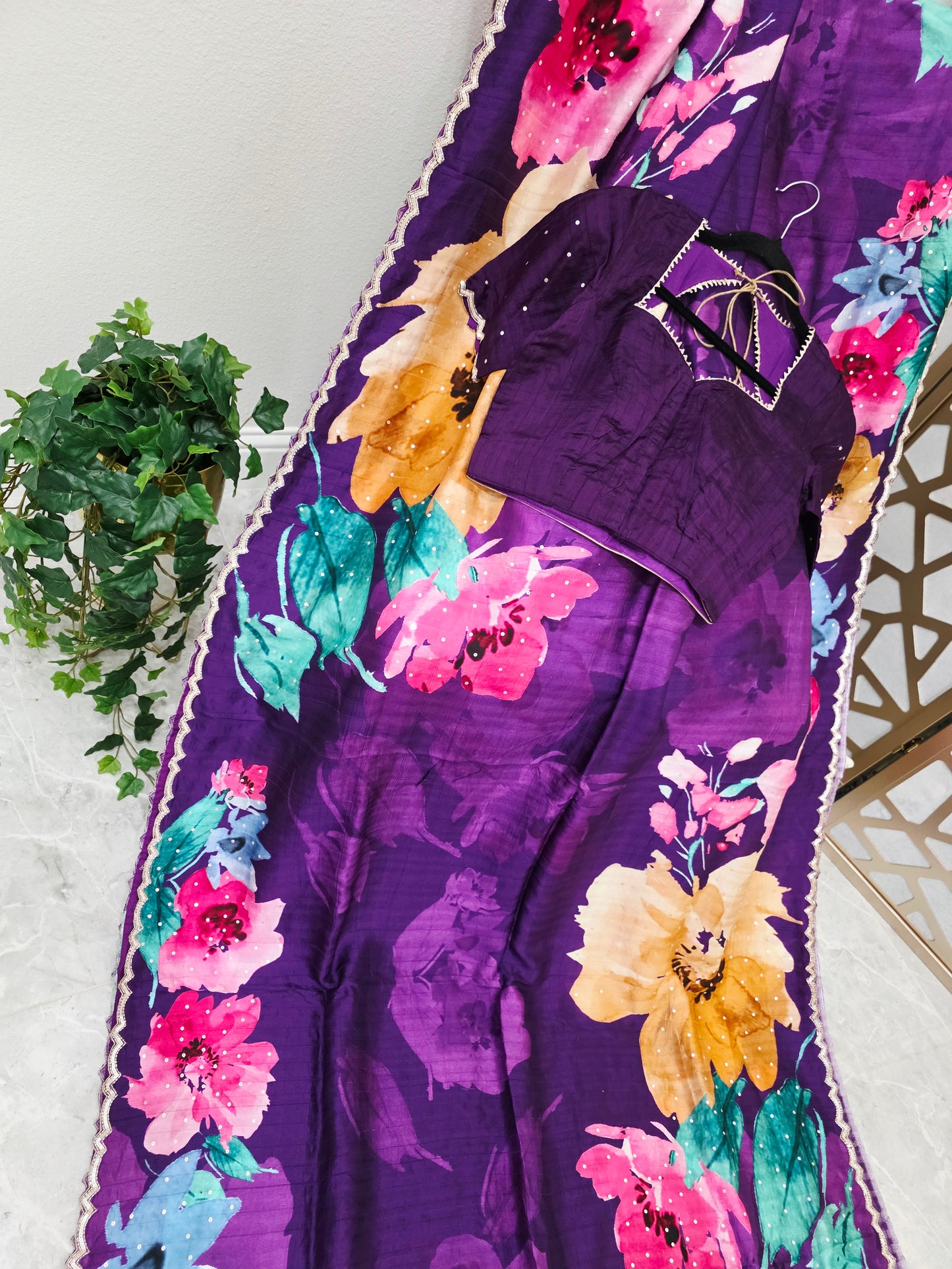 Amethyst Purple Floral Russian Crepe Silk Saree with Scalloped Sequin Border & Matching Stitched Blouse Size 34, Extendable to 40