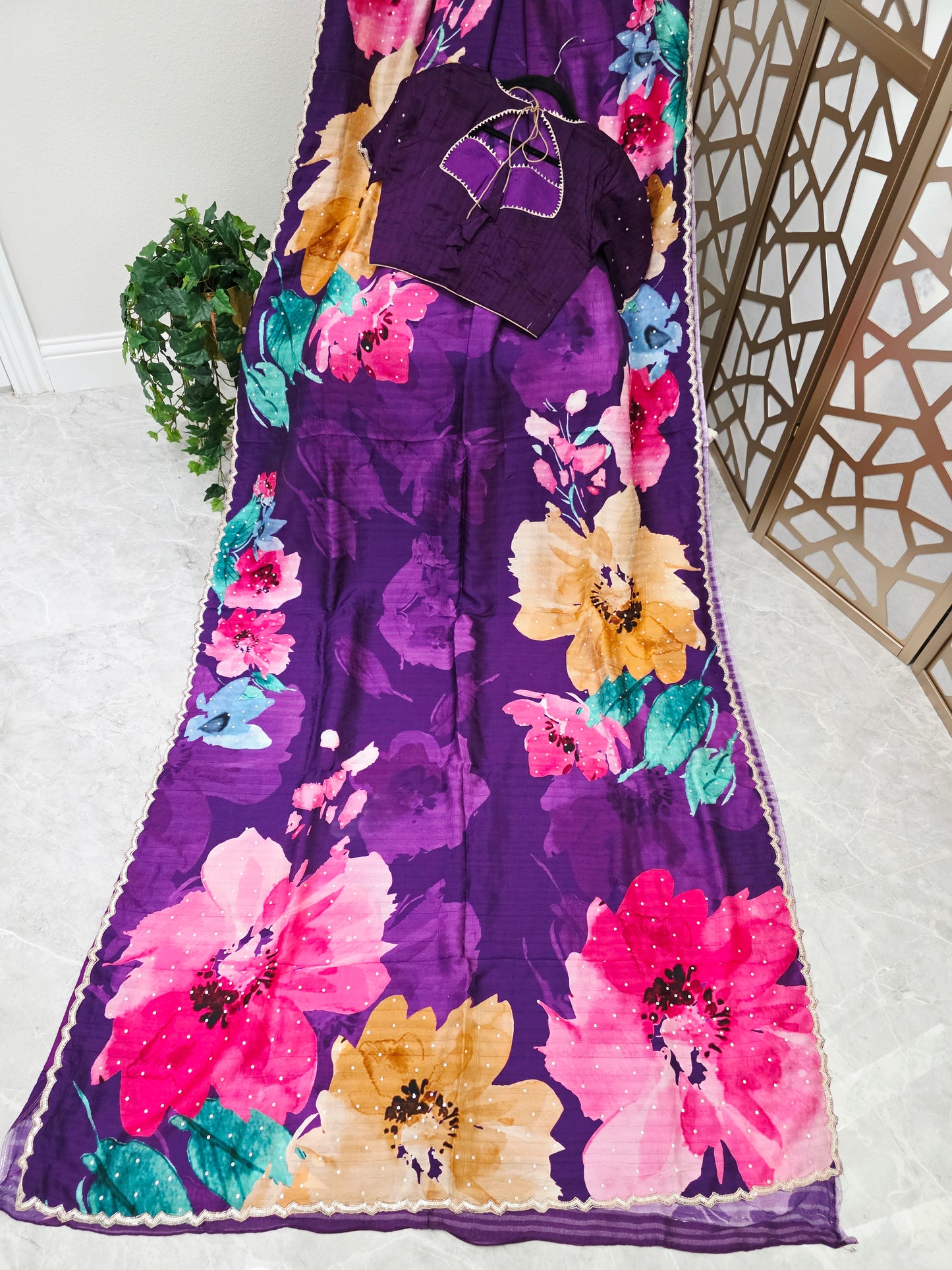 Amethyst Purple Floral Russian Crepe Silk Saree with Scalloped Sequin Border & Matching Stitched Blouse Size 34, Extendable to 40