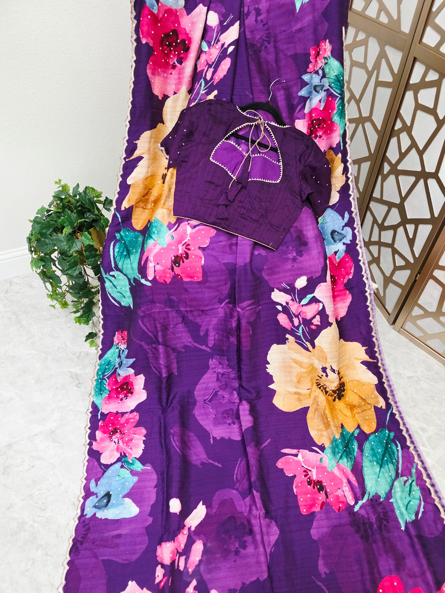 Amethyst Purple Floral Russian Crepe Silk Saree with Scalloped Sequin Border & Matching Stitched Blouse Size 34, Extendable to 40