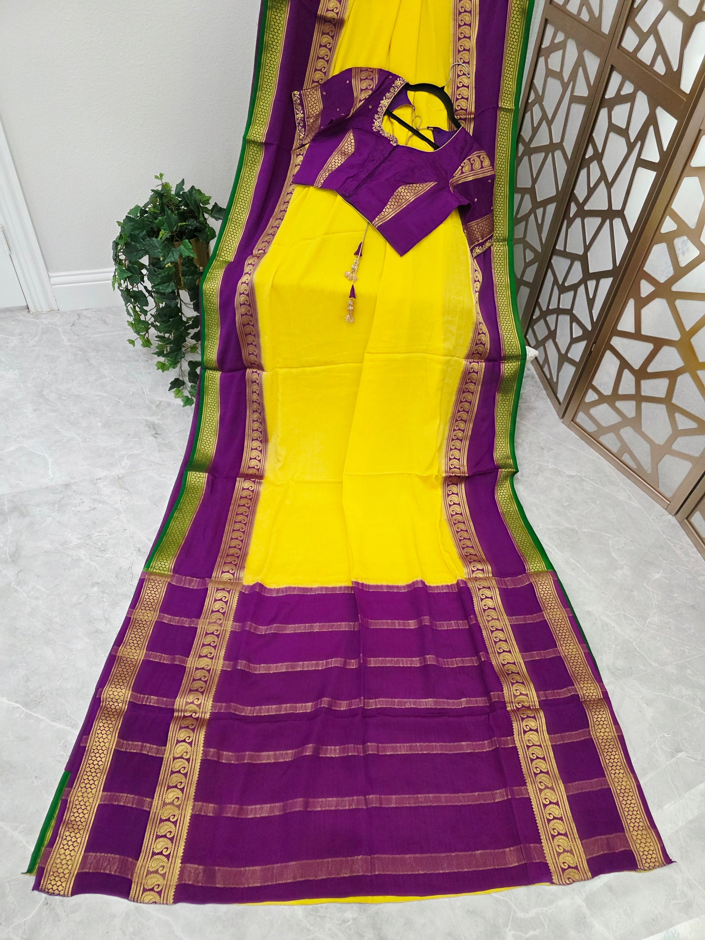 Canary Yellow & Royal Purple Pure Mysore Crepe Silk Saree, 140 GSM, with Gold Paisley Borders & Stitched Maggam Blouse | Size 36, Extendable to 42