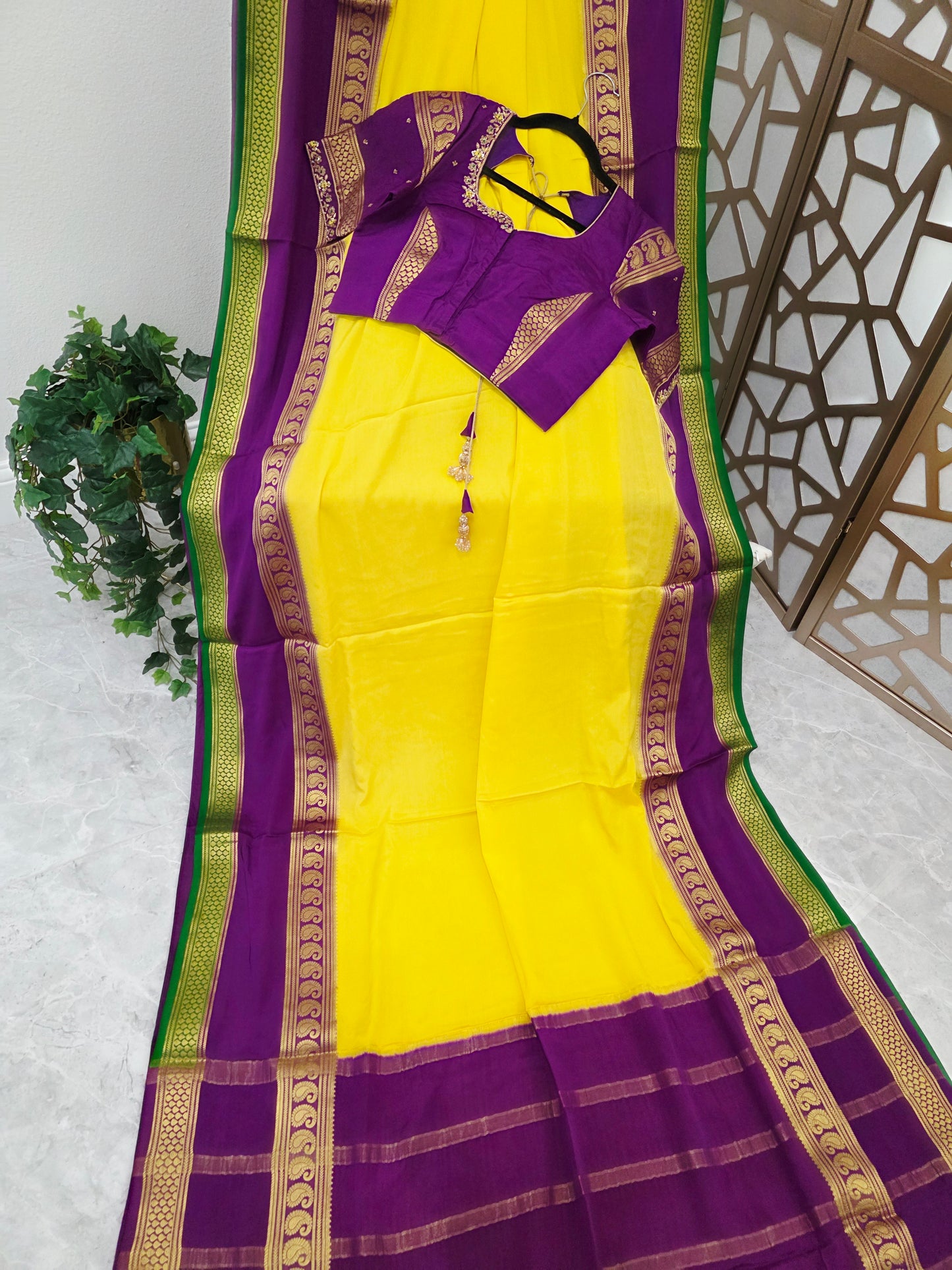Canary Yellow & Royal Purple Pure Mysore Crepe Silk Saree, 140 GSM, with Gold Paisley Borders & Stitched Maggam Blouse | Size 36, Extendable to 42