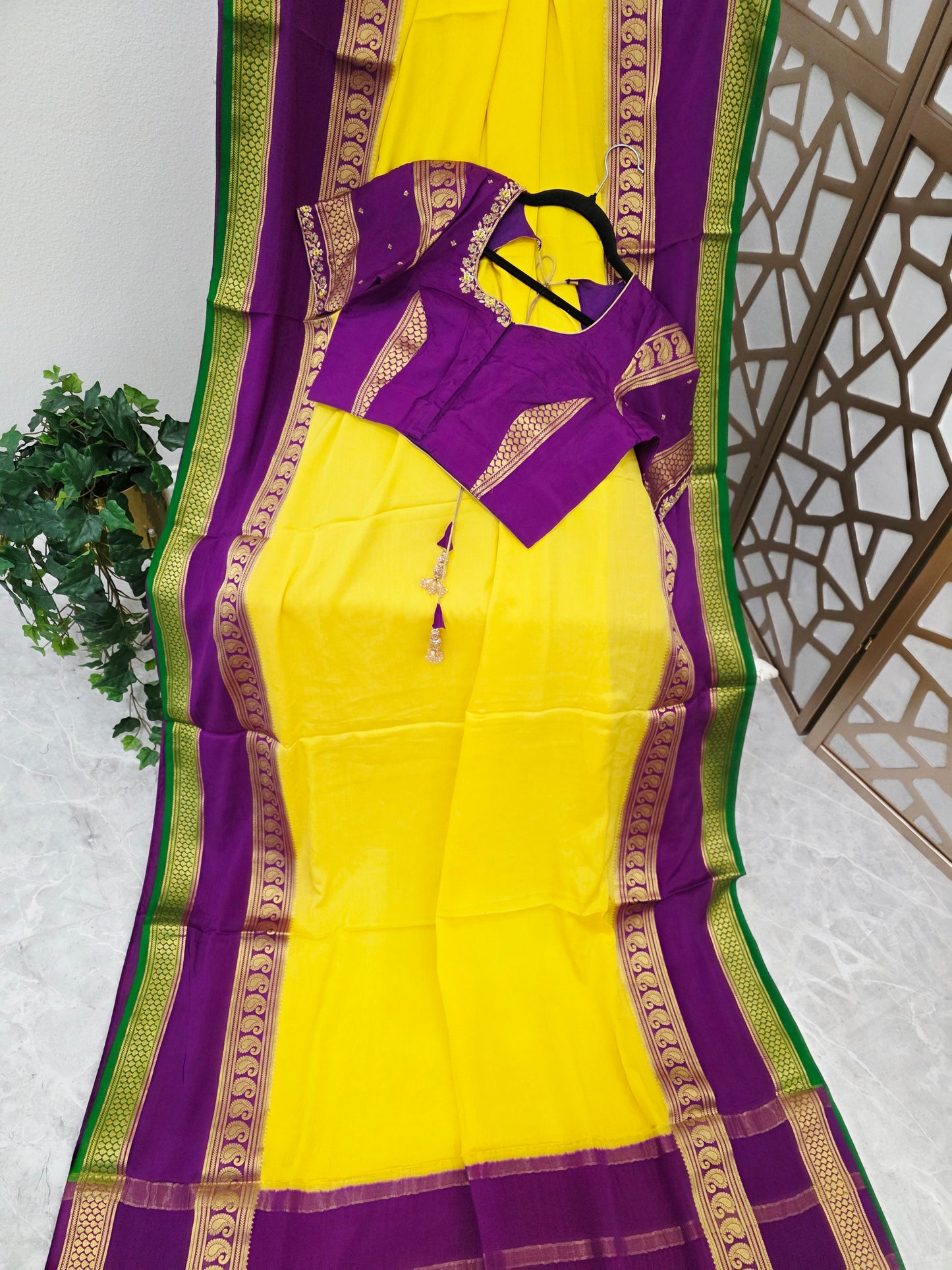 Canary Yellow & Royal Purple Pure Mysore Crepe Silk Saree, 140 GSM, with Gold Paisley Borders & Stitched Maggam Blouse | Size 36, Extendable to 42
