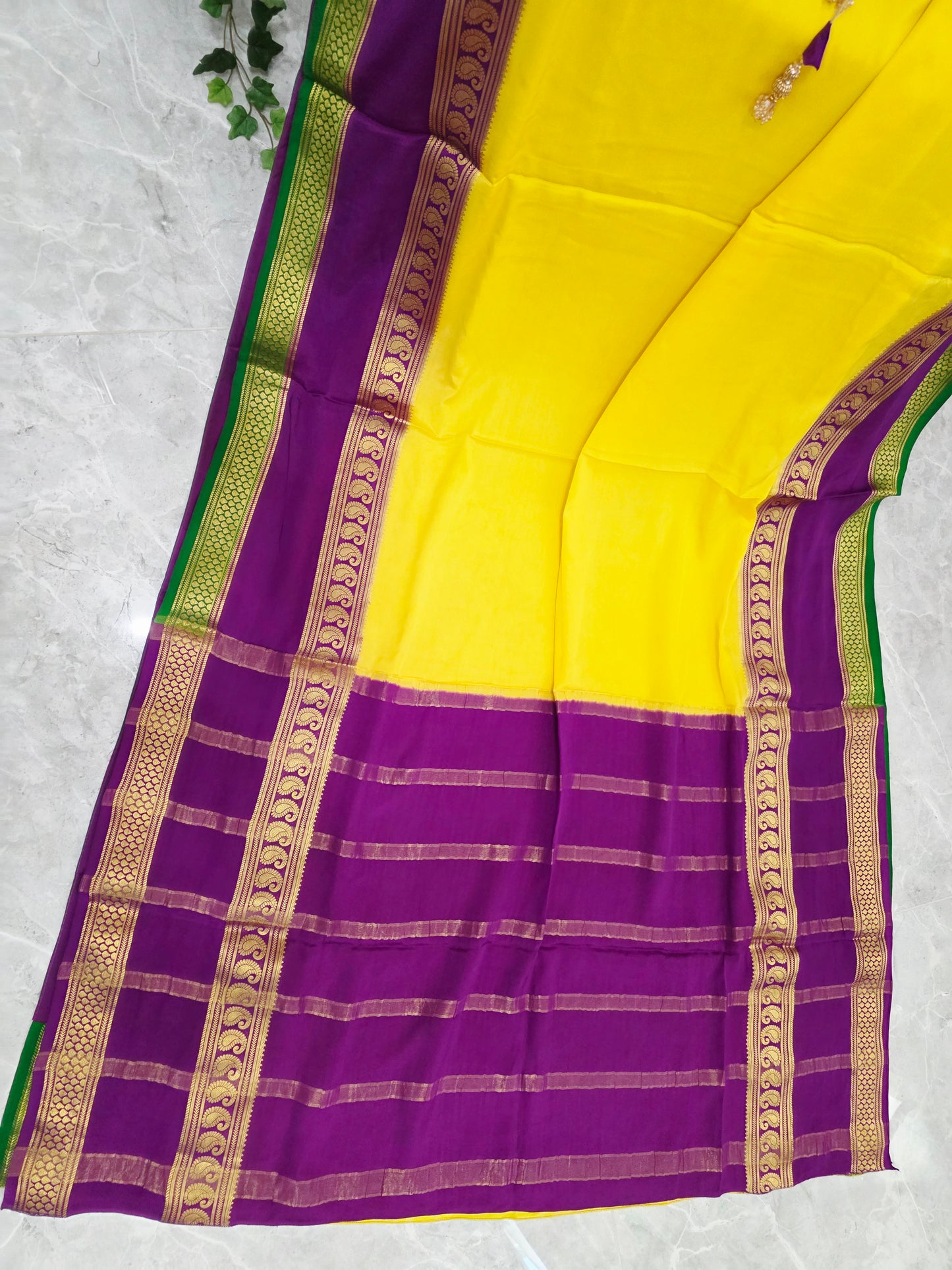 Canary Yellow & Royal Purple Pure Mysore Crepe Silk Saree, 140 GSM, with Gold Paisley Borders & Stitched Maggam Blouse | Size 36, Extendable to 42