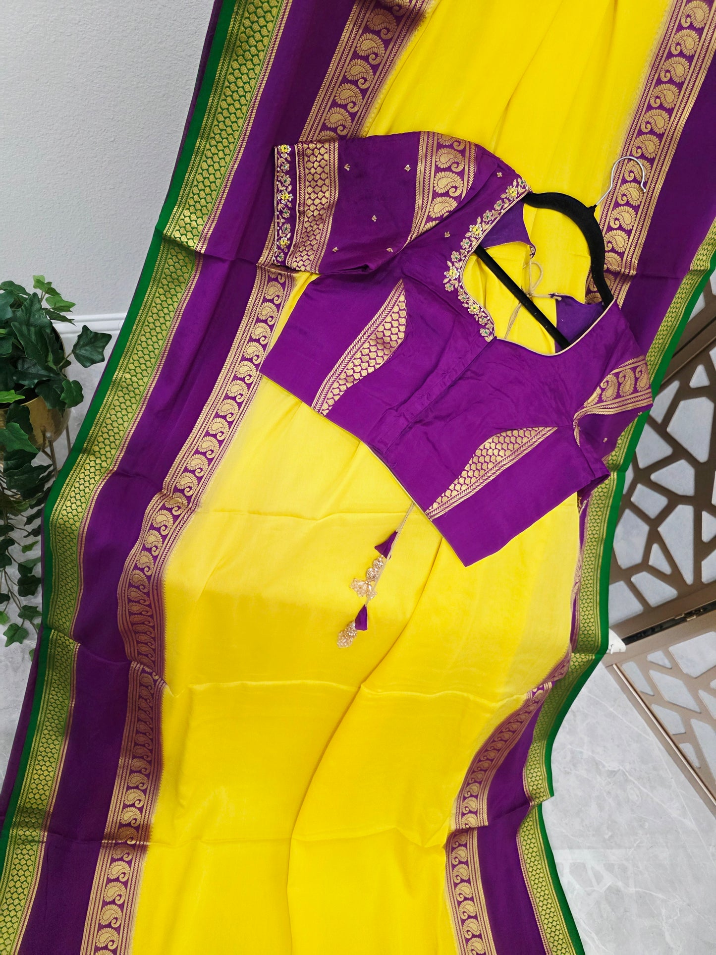 Canary Yellow & Royal Purple Pure Mysore Crepe Silk Saree, 140 GSM, with Gold Paisley Borders & Stitched Maggam Blouse | Size 36, Extendable to 42