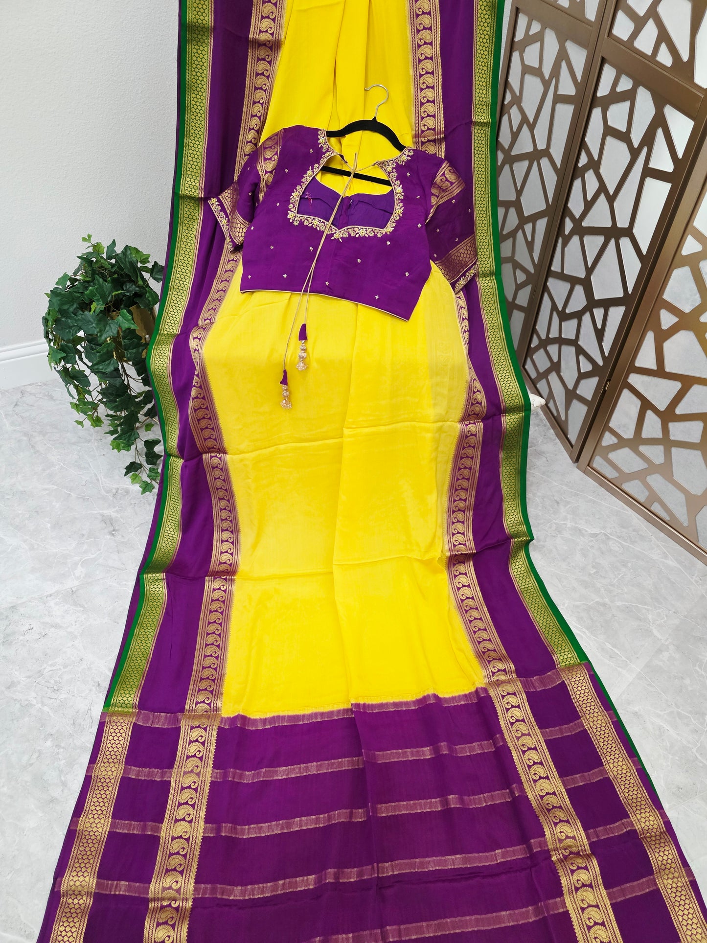 Canary Yellow & Royal Purple Pure Mysore Crepe Silk Saree, 140 GSM, with Gold Paisley Borders & Stitched Maggam Blouse | Size 36, Extendable to 42