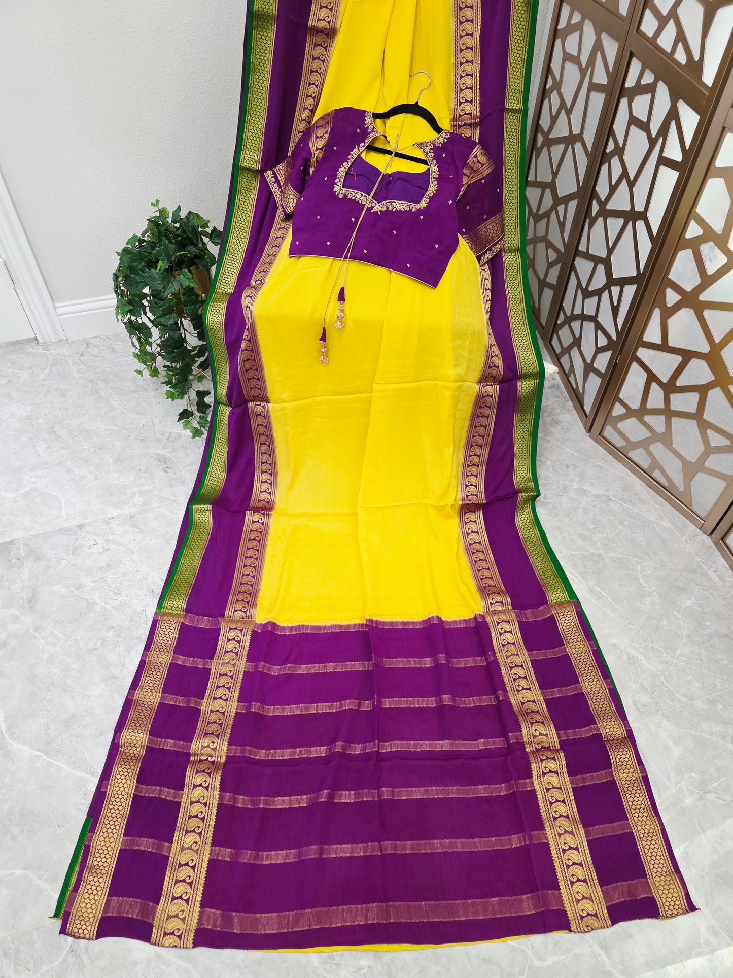 Canary Yellow & Royal Purple Pure Mysore Crepe Silk Saree, 140 GSM, with Gold Paisley Borders & Stitched Maggam Blouse | Size 36, Extendable to 42