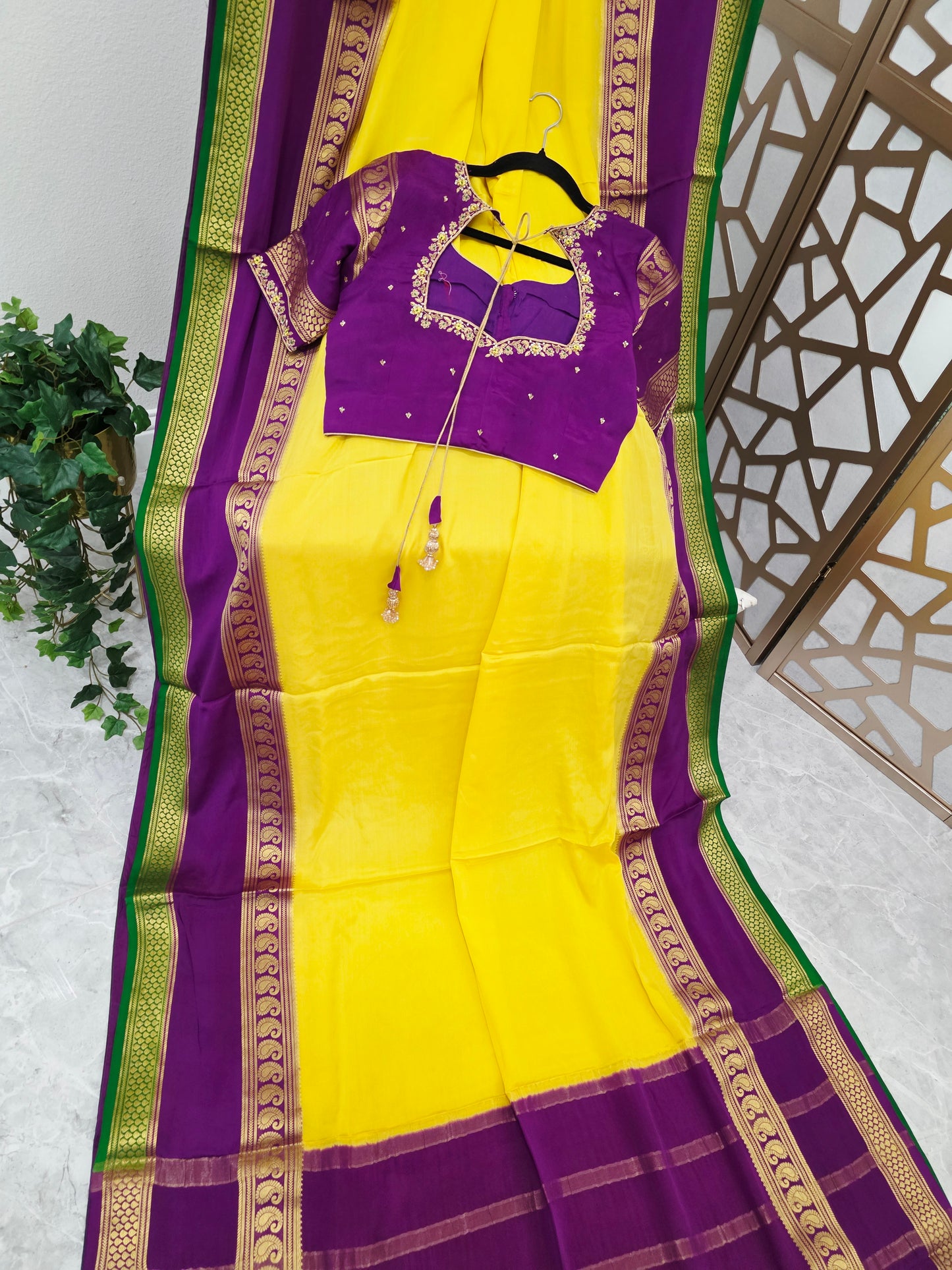 Canary Yellow & Royal Purple Pure Mysore Crepe Silk Saree, 140 GSM, with Gold Paisley Borders & Stitched Maggam Blouse | Size 36, Extendable to 42