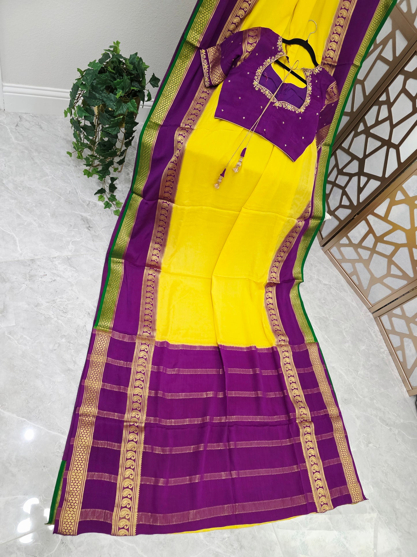 Canary Yellow & Royal Purple Pure Mysore Crepe Silk Saree, 140 GSM, with Gold Paisley Borders & Stitched Maggam Blouse | Size 36, Extendable to 42