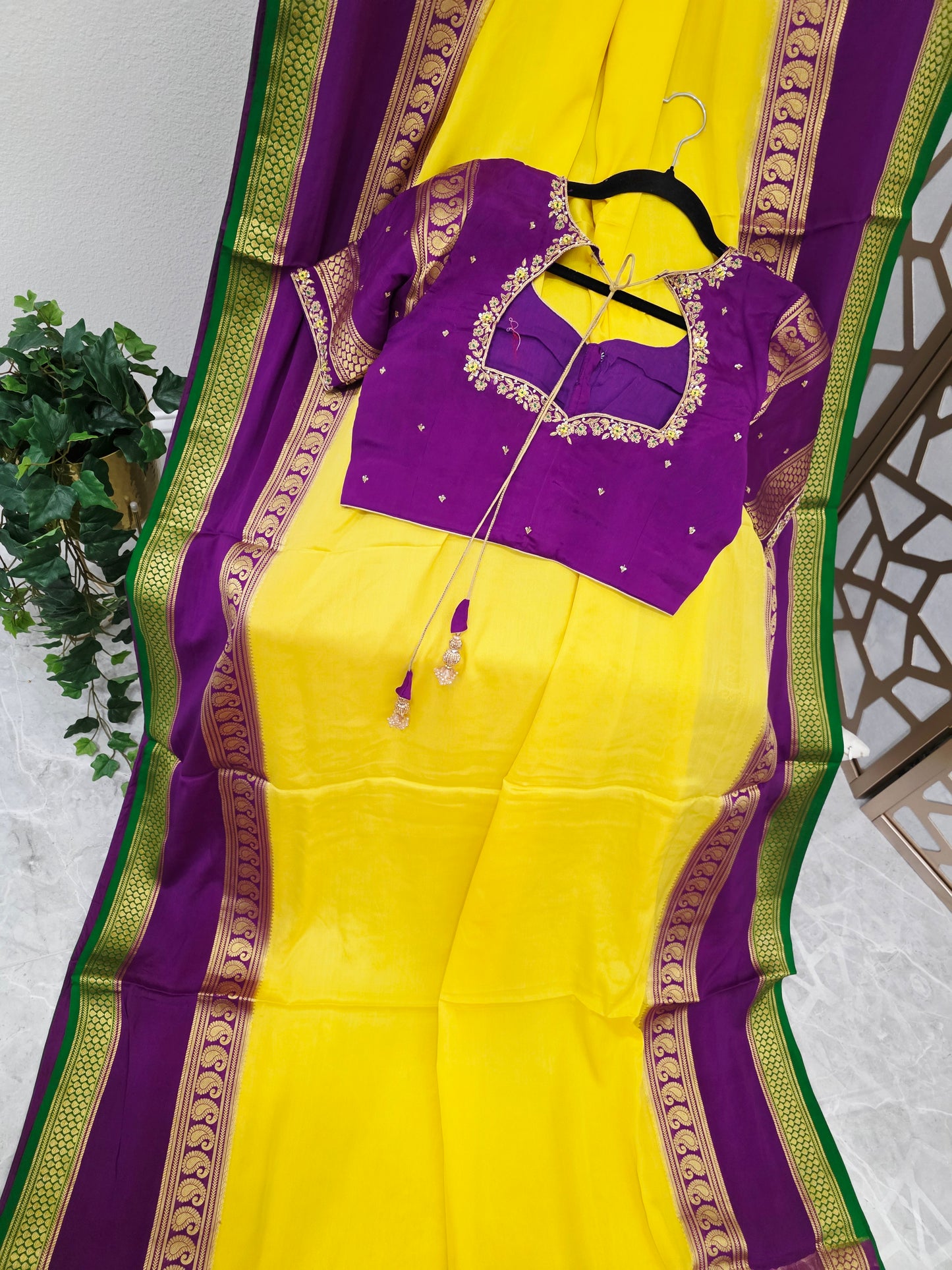 Canary Yellow & Royal Purple Pure Mysore Crepe Silk Saree, 140 GSM, with Gold Paisley Borders & Stitched Maggam Blouse | Size 36, Extendable to 42
