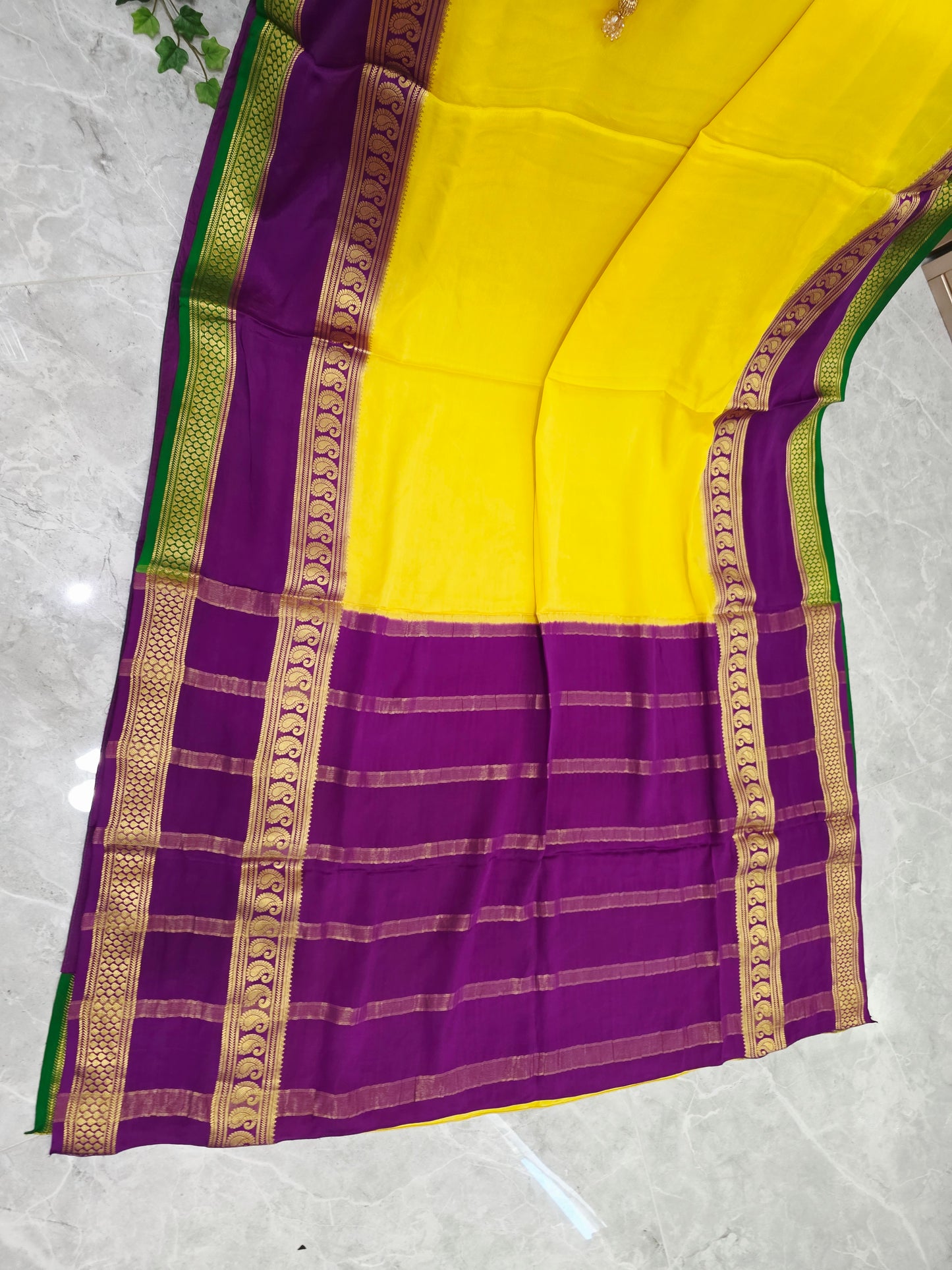 Canary Yellow & Royal Purple Pure Mysore Crepe Silk Saree, 140 GSM, with Gold Paisley Borders & Stitched Maggam Blouse | Size 36, Extendable to 42