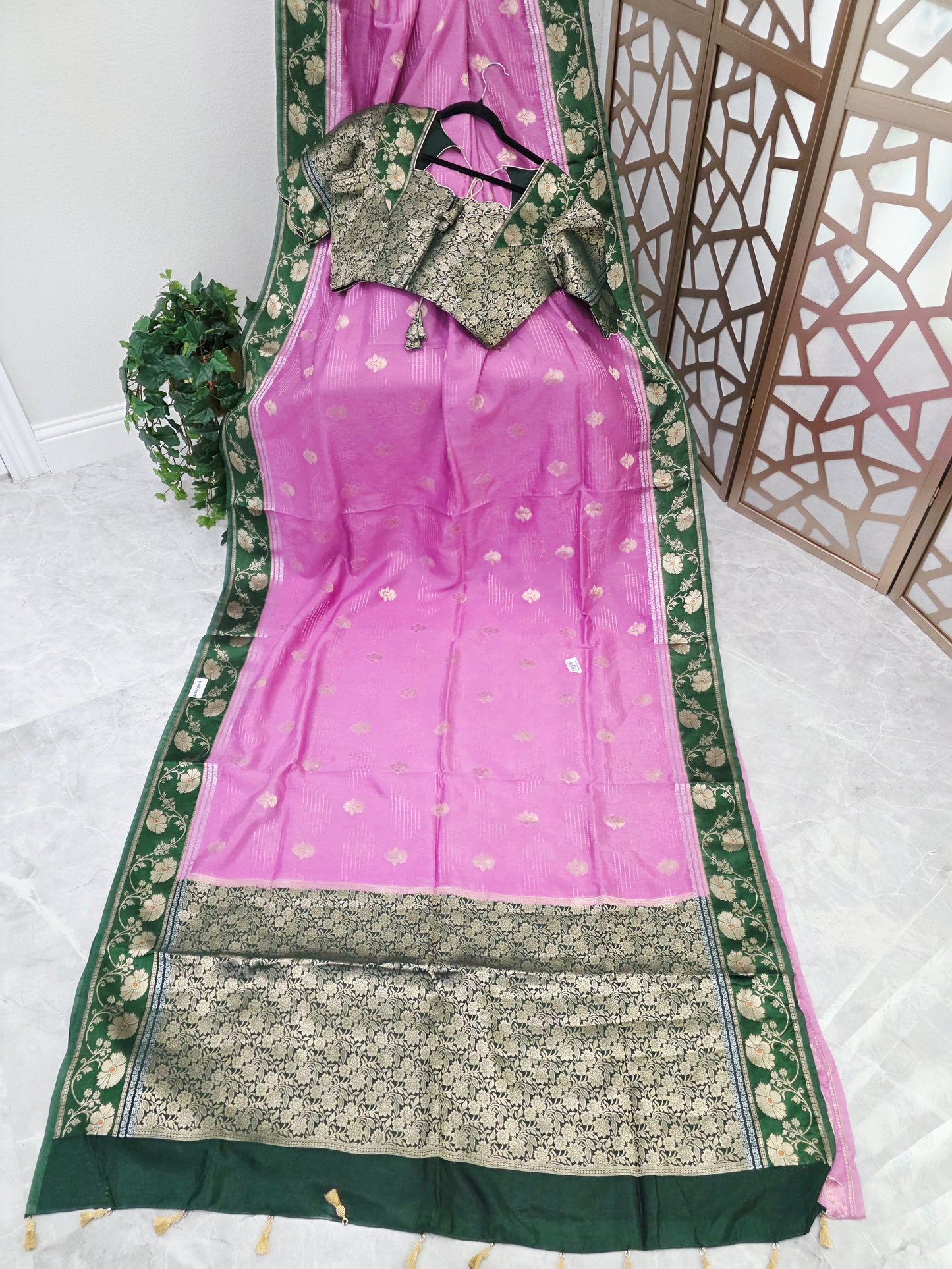 Rose Pink Soft Benarasi Silk Saree with Forest Green Floral Border & Gold Brocade Pallu | Stitched Brocade Blouse Size 40, Extendable to 46
