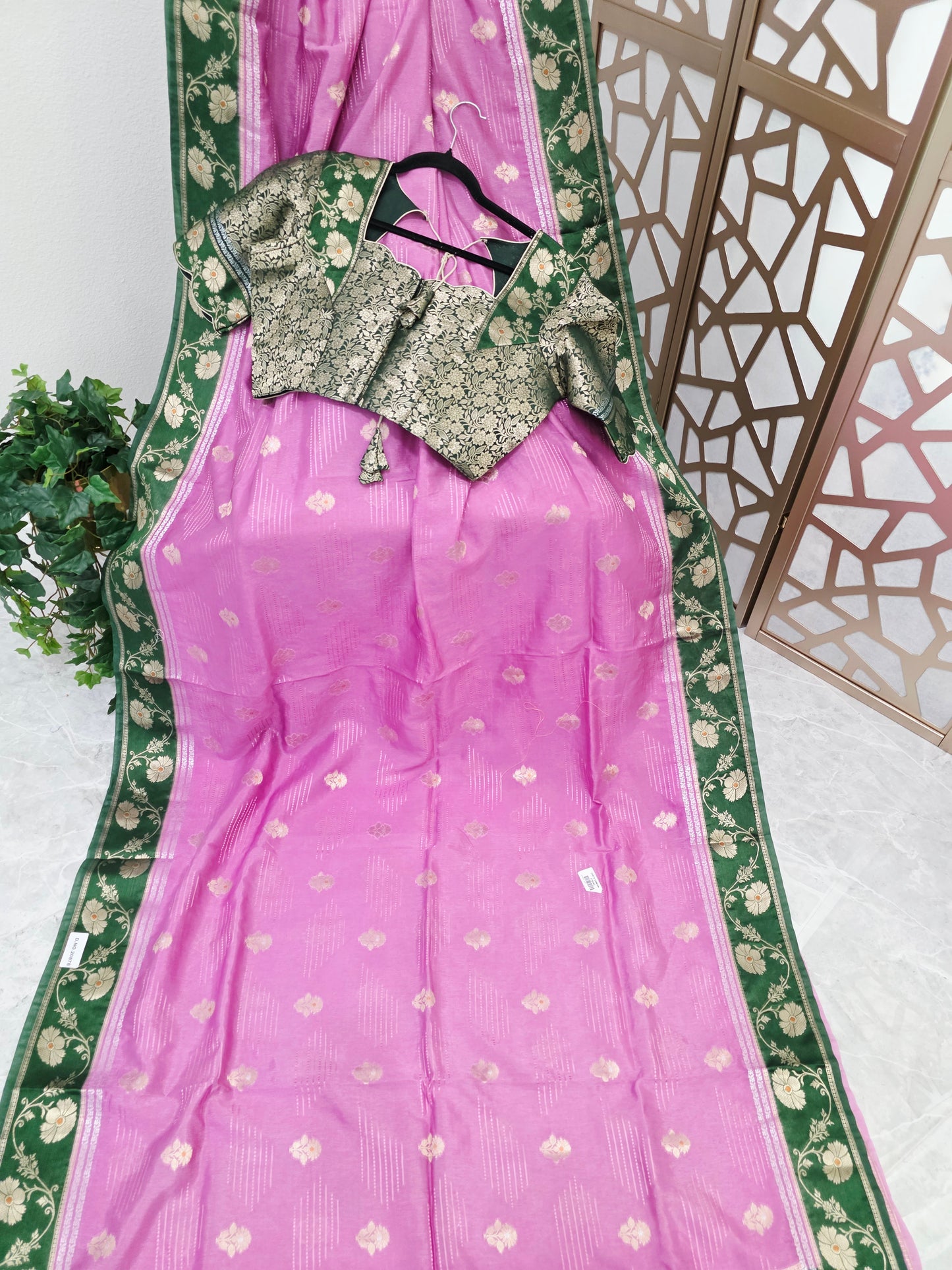 Rose Pink Soft Benarasi Silk Saree with Forest Green Floral Border & Gold Brocade Pallu | Stitched Brocade Blouse Size 40, Extendable to 46