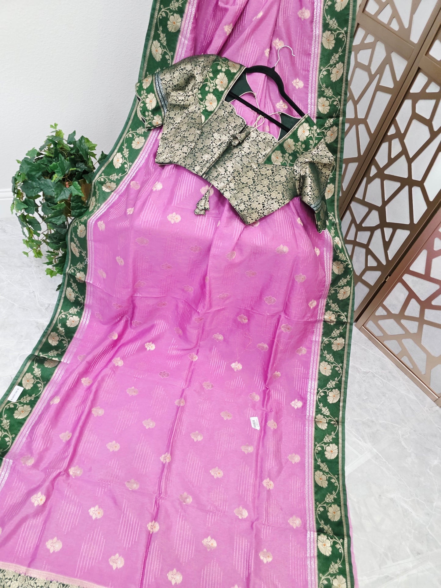Rose Pink Soft Benarasi Silk Saree with Forest Green Floral Border & Gold Brocade Pallu | Stitched Brocade Blouse Size 40, Extendable to 46