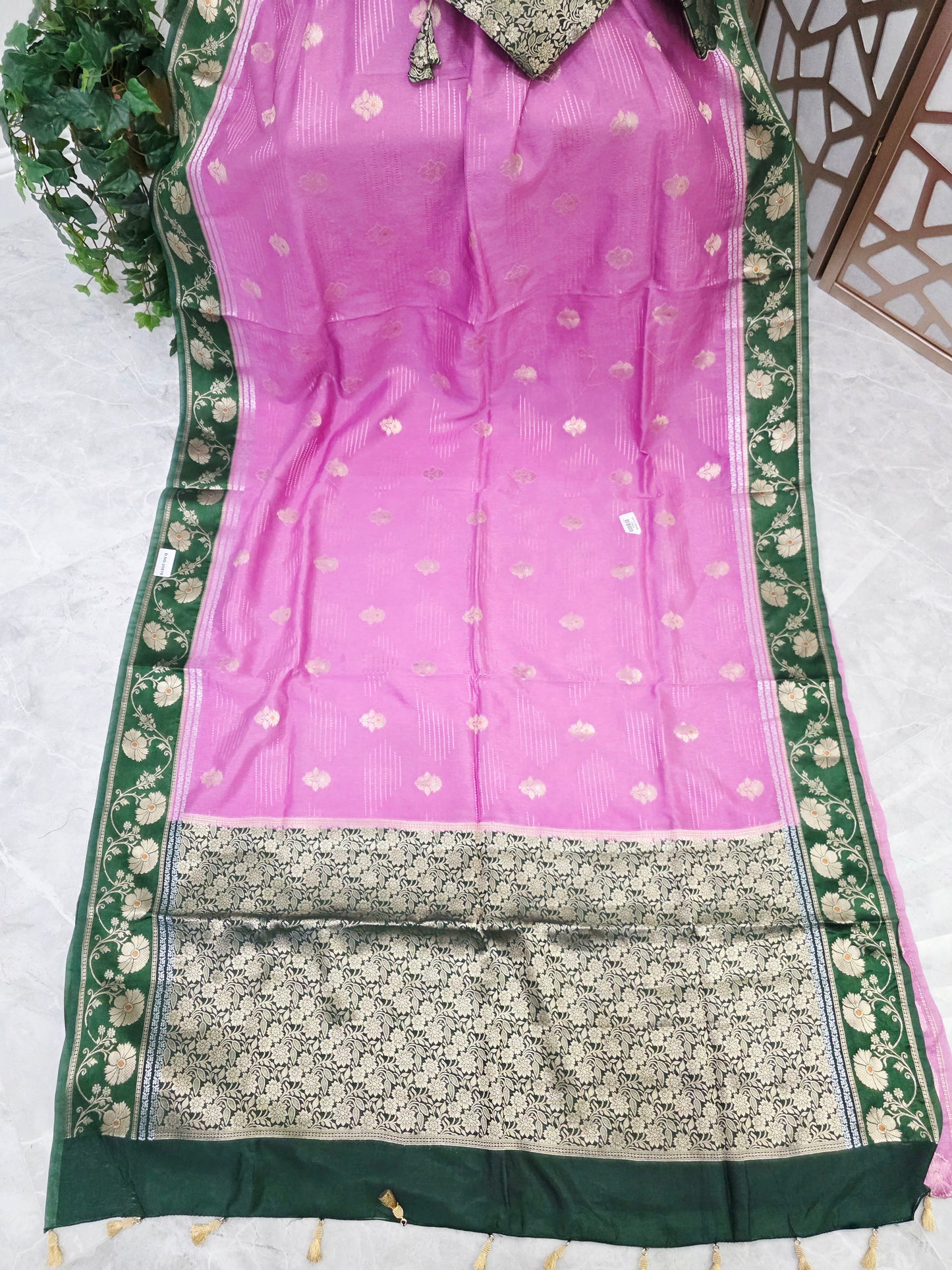 Rose Pink Soft Benarasi Silk Saree with Forest Green Floral Border & Gold Brocade Pallu | Stitched Brocade Blouse Size 40, Extendable to 46