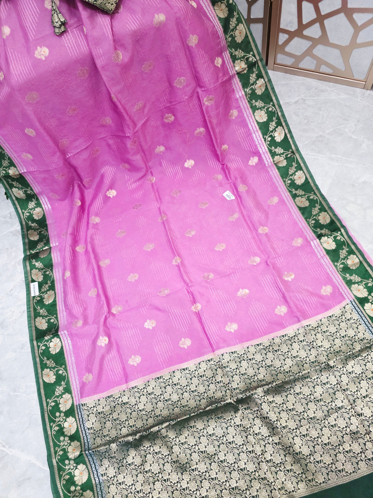 Rose Pink Soft Benarasi Silk Saree with Forest Green Floral Border & Gold Brocade Pallu | Stitched Brocade Blouse Size 40, Extendable to 46