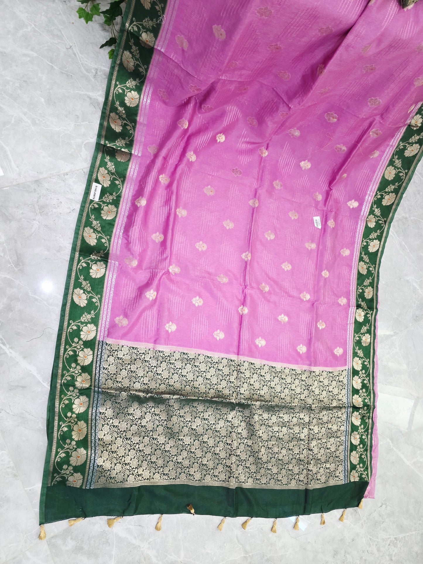Rose Pink Soft Benarasi Silk Saree with Forest Green Floral Border & Gold Brocade Pallu | Stitched Brocade Blouse Size 40, Extendable to 46