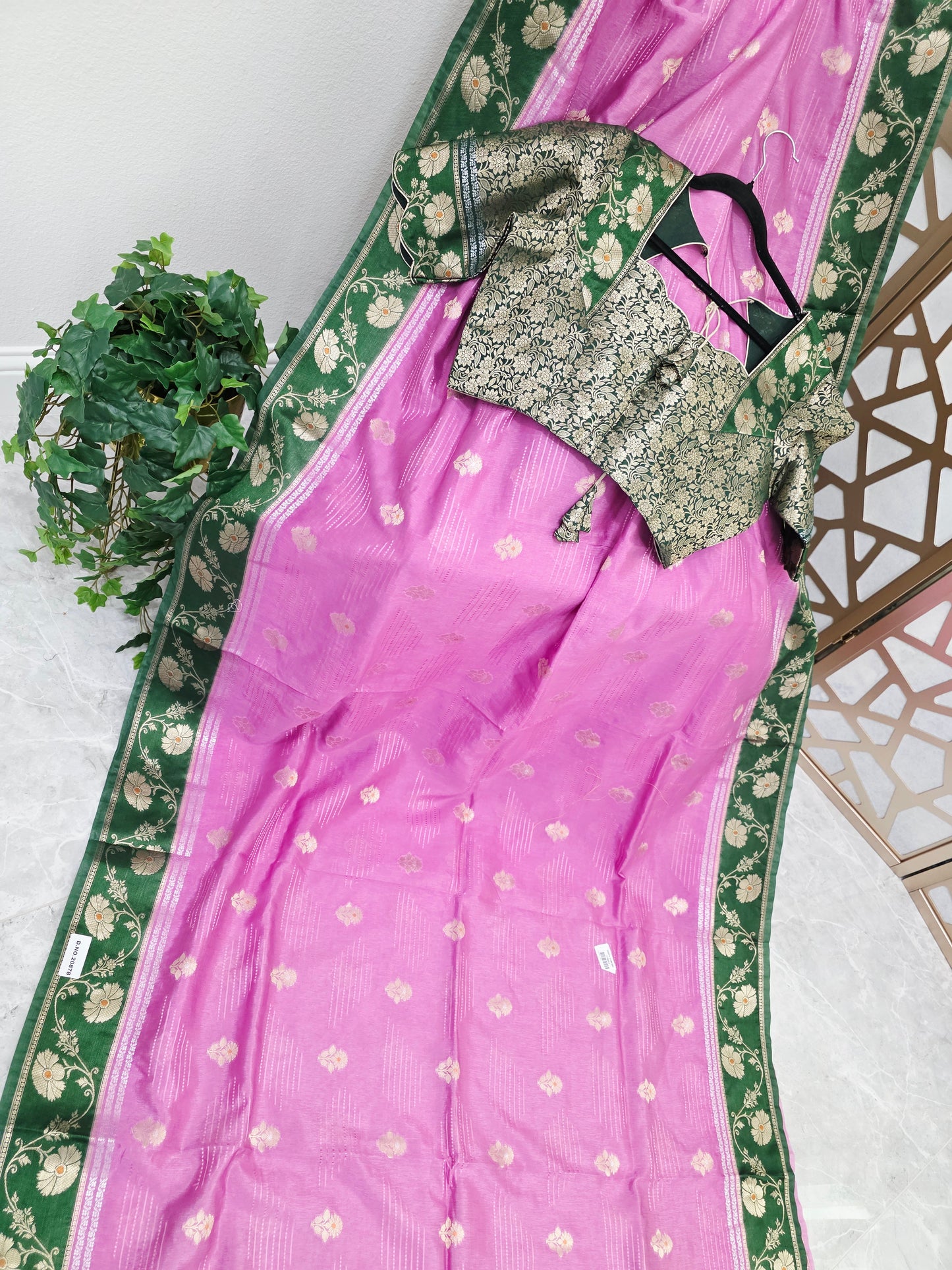 Rose Pink Soft Benarasi Silk Saree with Forest Green Floral Border & Gold Brocade Pallu | Stitched Brocade Blouse Size 40, Extendable to 46