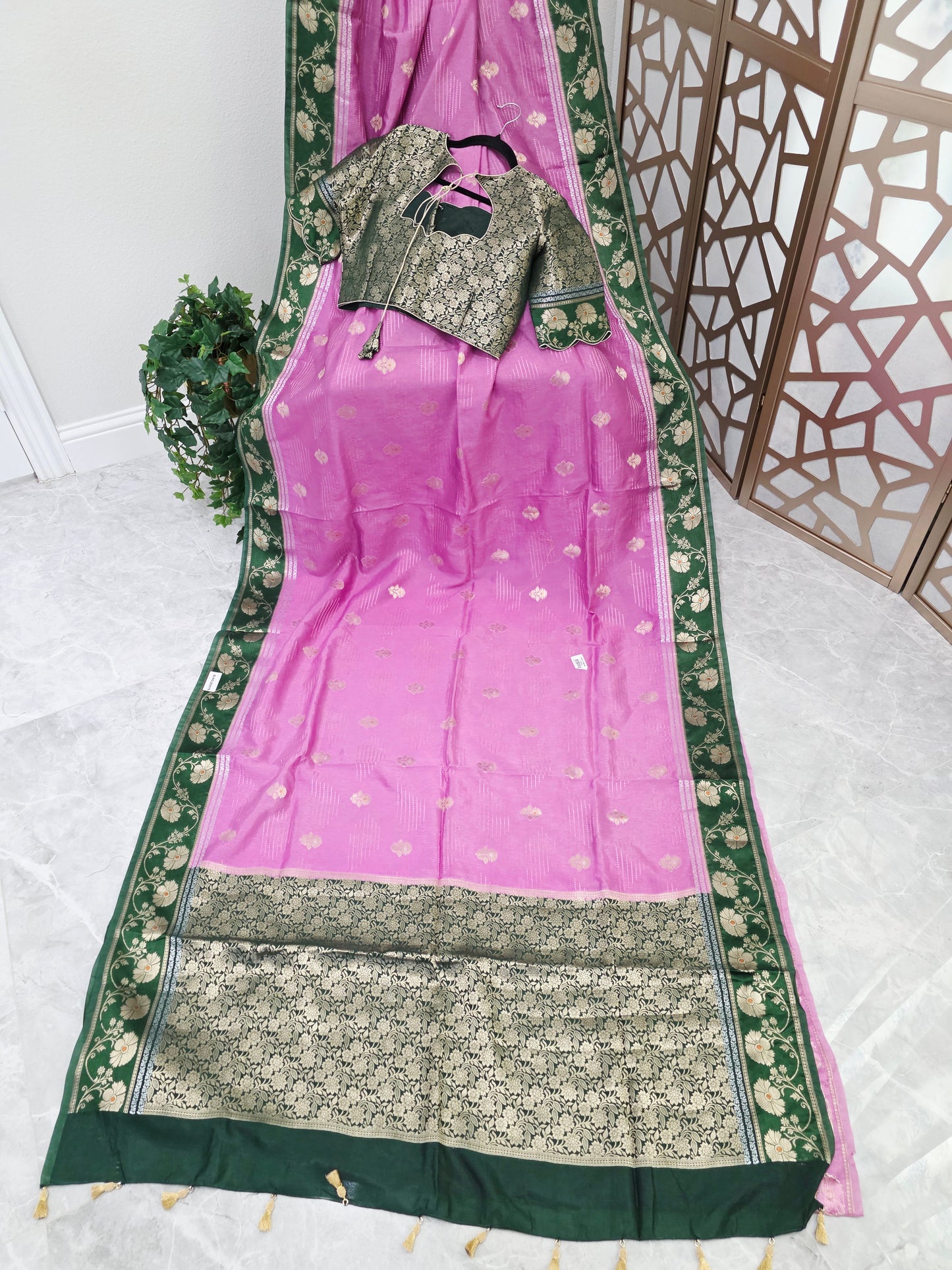 Rose Pink Soft Benarasi Silk Saree with Forest Green Floral Border & Gold Brocade Pallu | Stitched Brocade Blouse Size 40, Extendable to 46