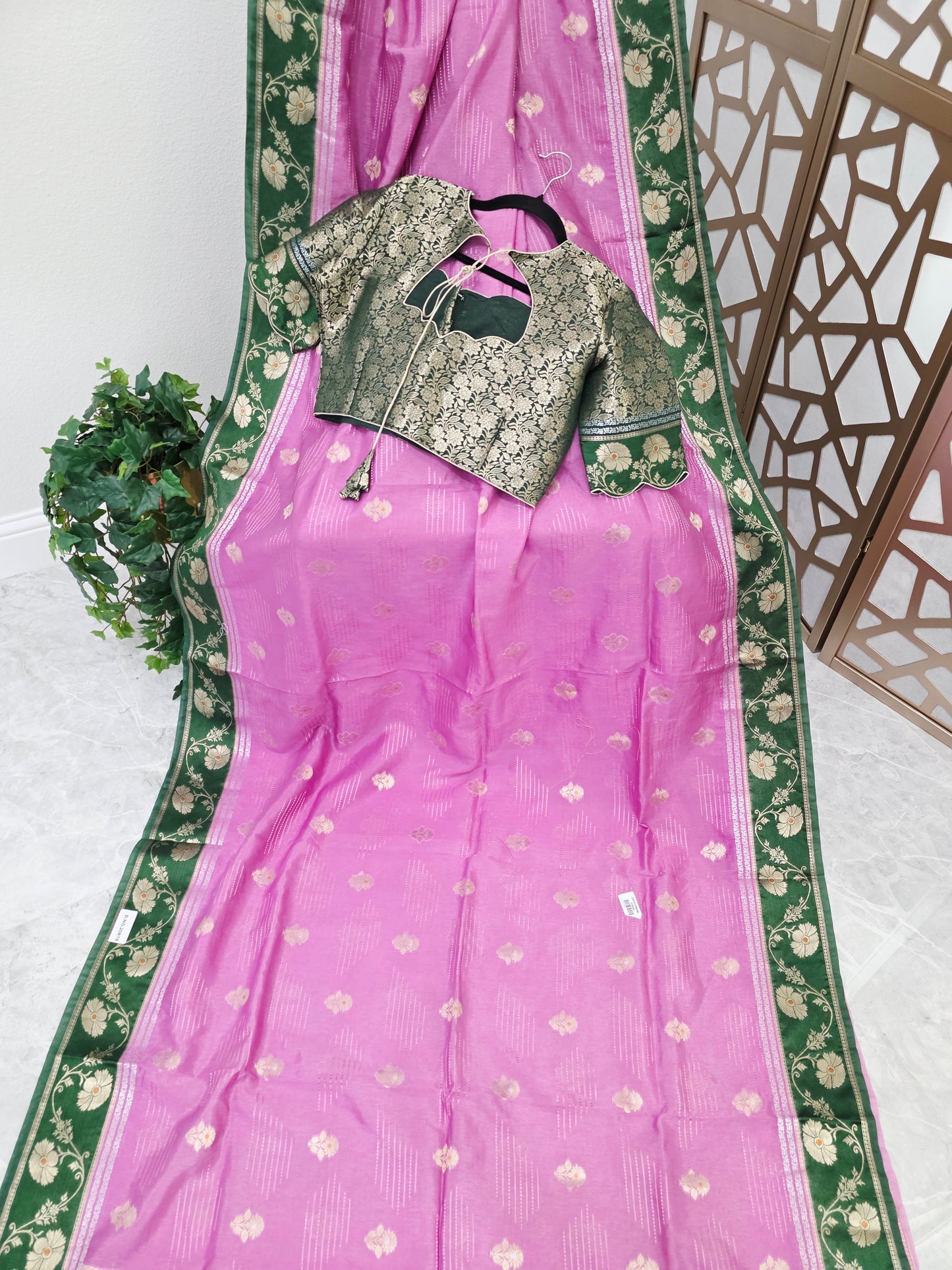Rose Pink Soft Benarasi Silk Saree with Forest Green Floral Border & Gold Brocade Pallu | Stitched Brocade Blouse Size 40, Extendable to 46