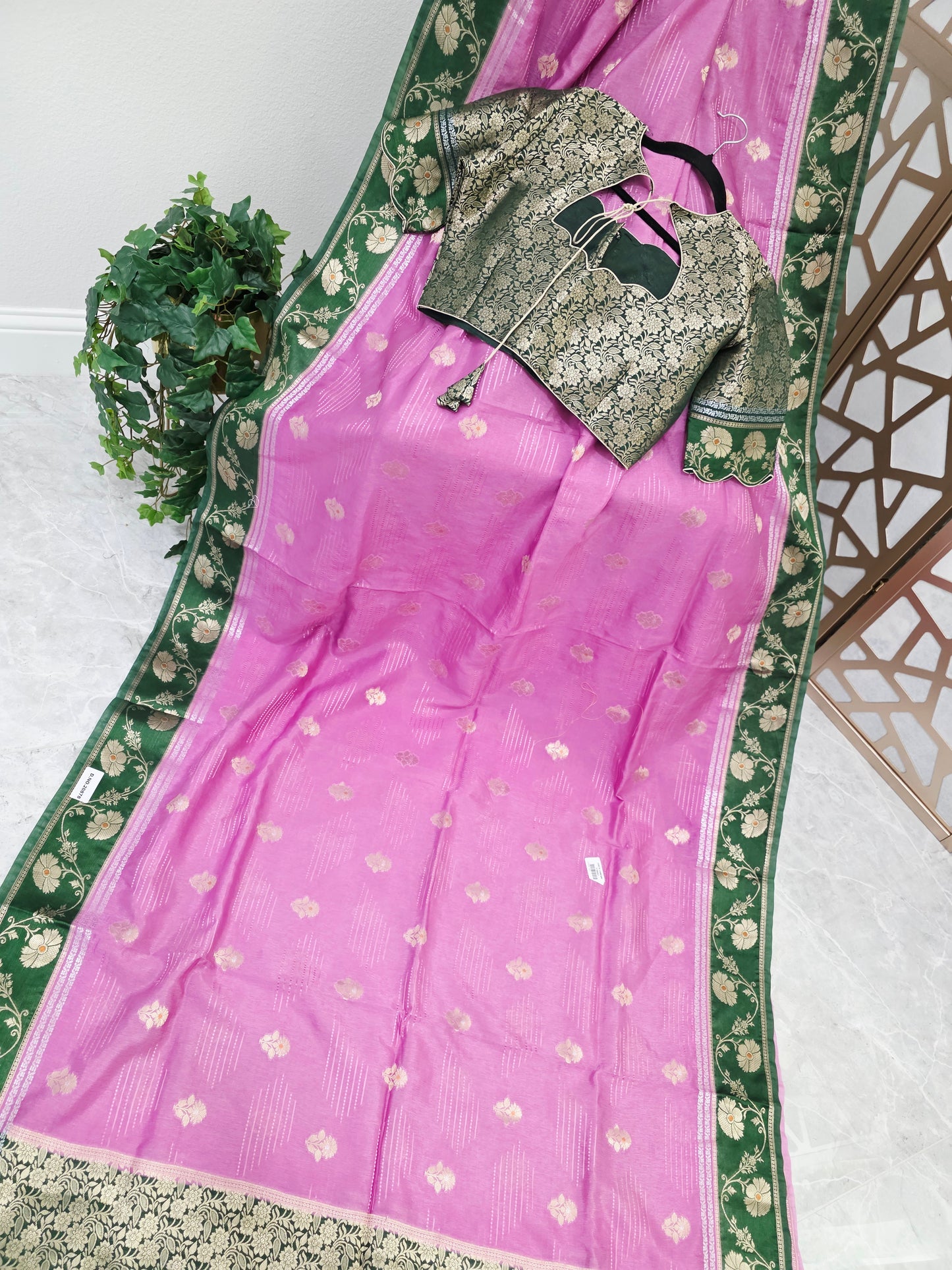 Rose Pink Soft Benarasi Silk Saree with Forest Green Floral Border & Gold Brocade Pallu | Stitched Brocade Blouse Size 40, Extendable to 46