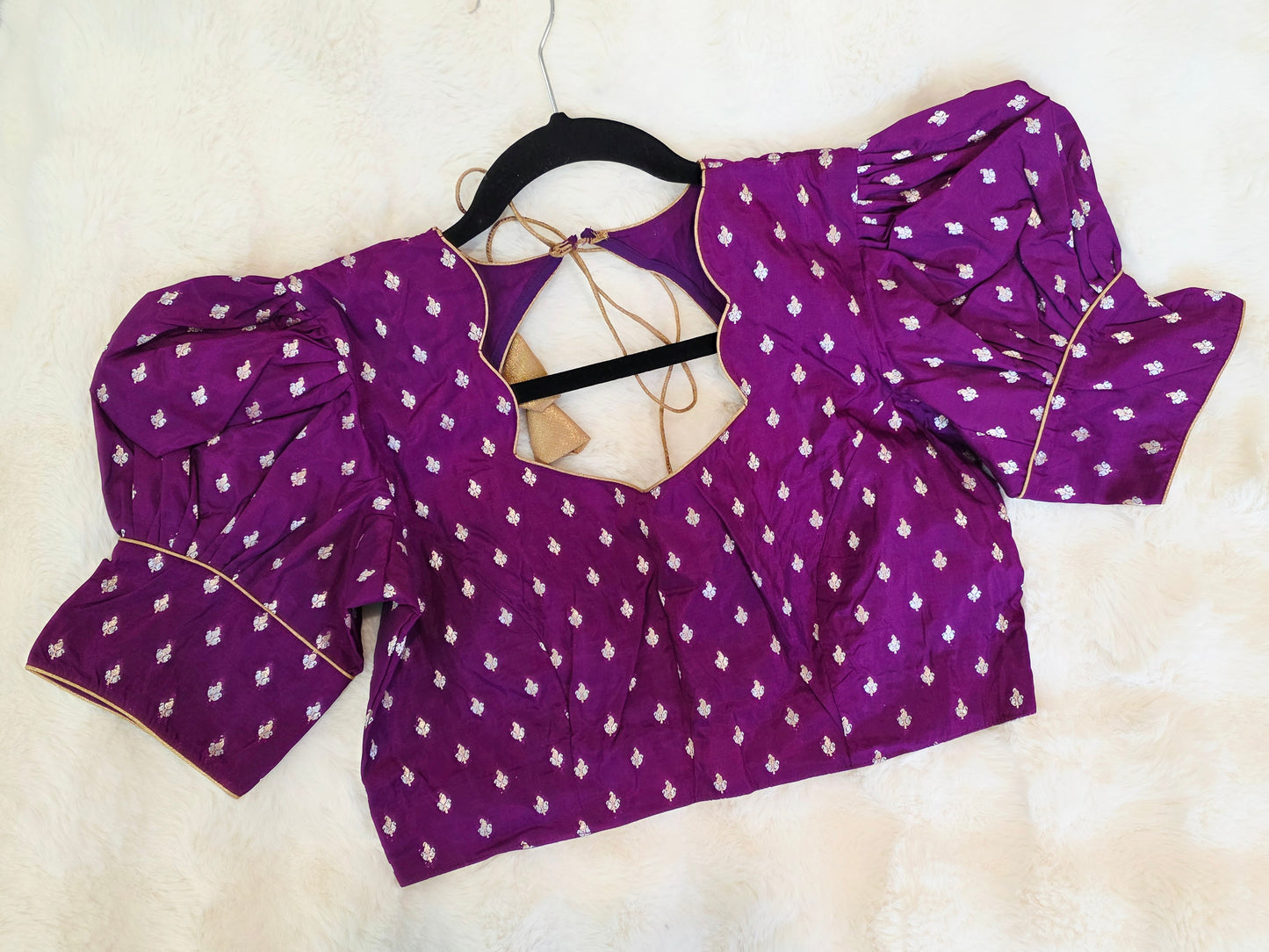 Royal Amethyst Purple Benarasi Puff Sleeve Stitched Blouse Size 38 Extends to 44