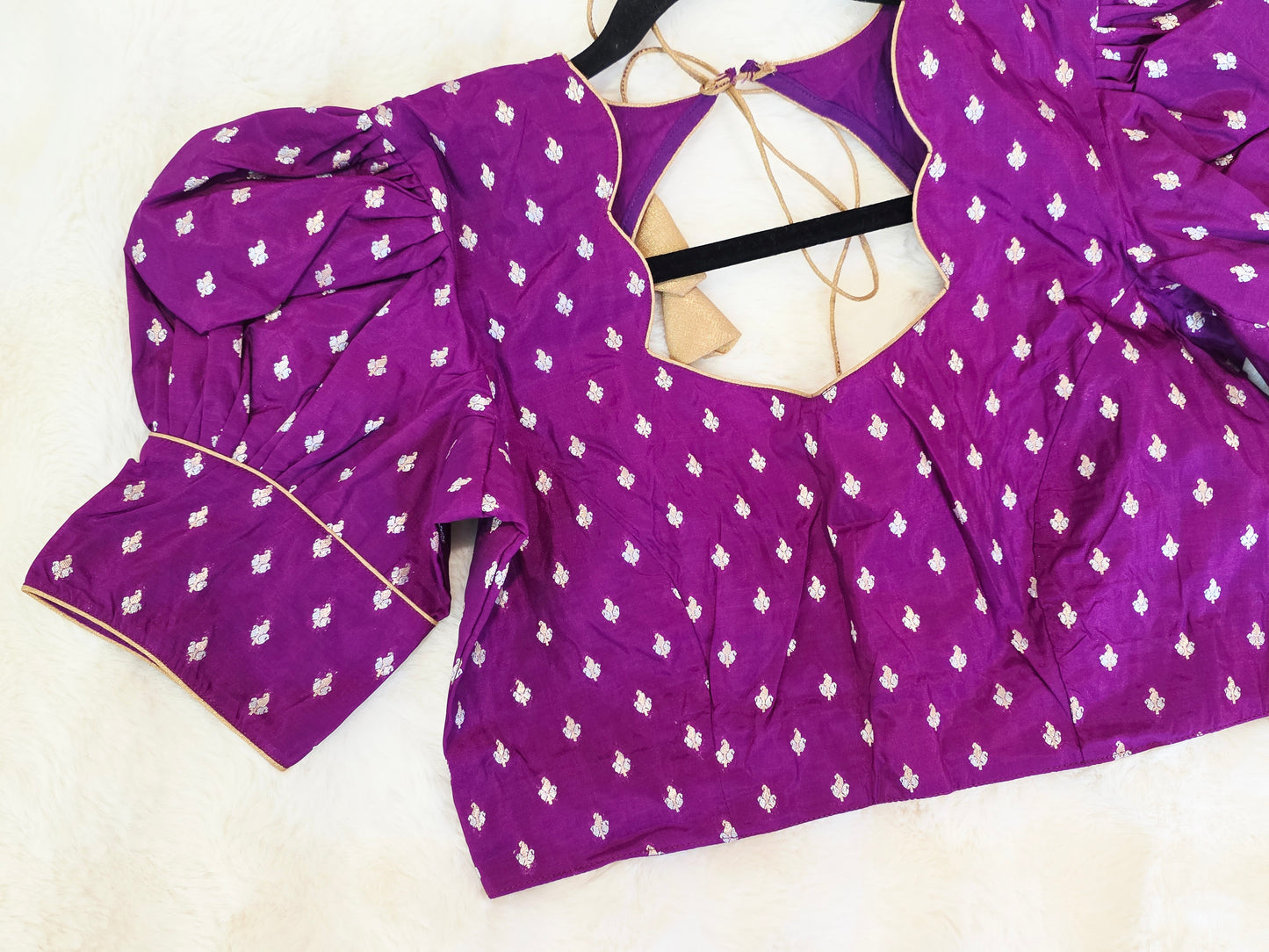 Royal Amethyst Purple Benarasi Puff Sleeve Stitched Blouse Size 38 Extends to 44