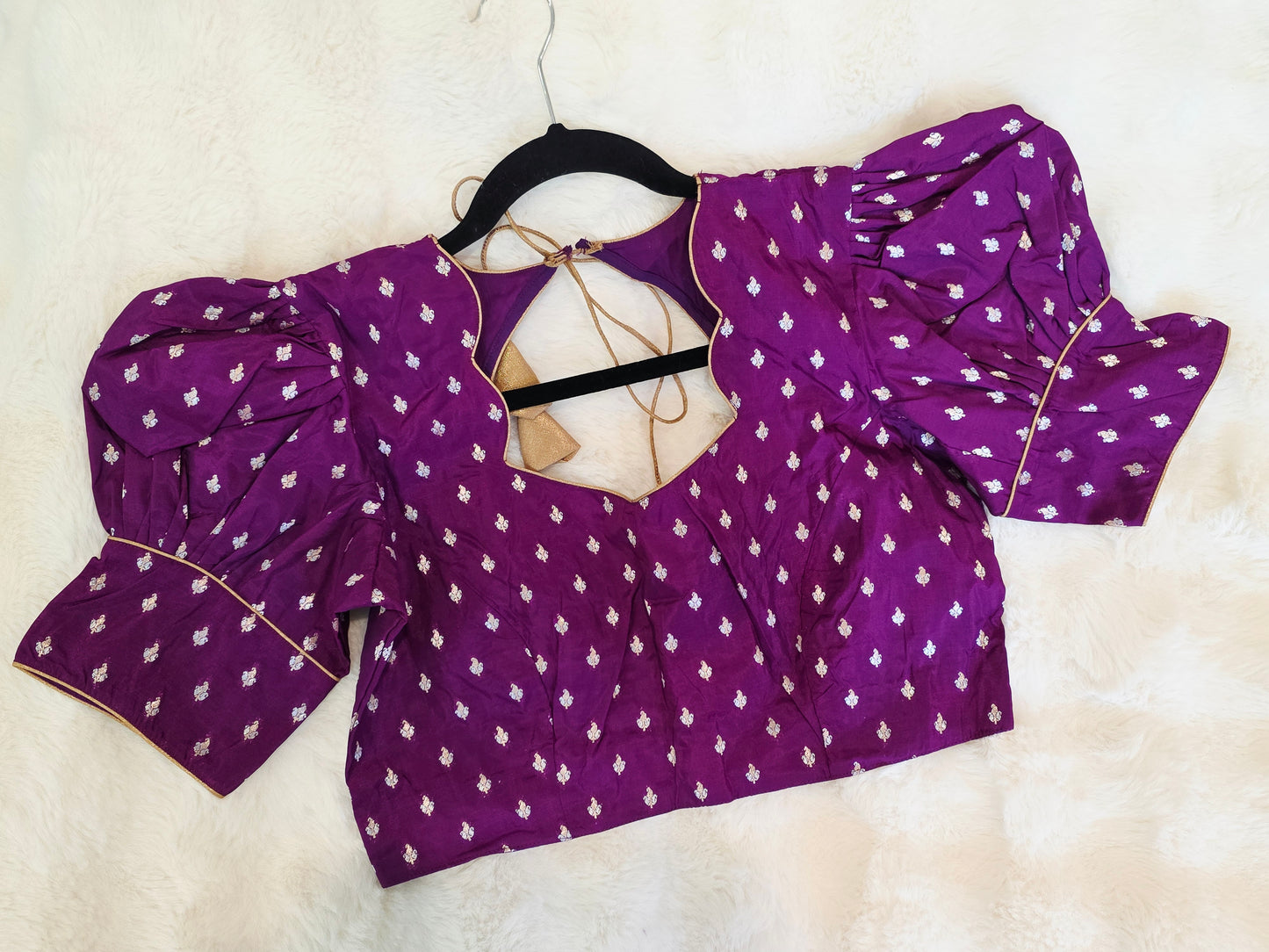 Royal Amethyst Purple Benarasi Puff Sleeve Stitched Blouse Size 38 Extends to 44