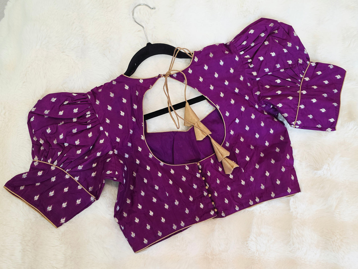 Royal Amethyst Purple Benarasi Puff Sleeve Stitched Blouse Size 38 Extends to 44