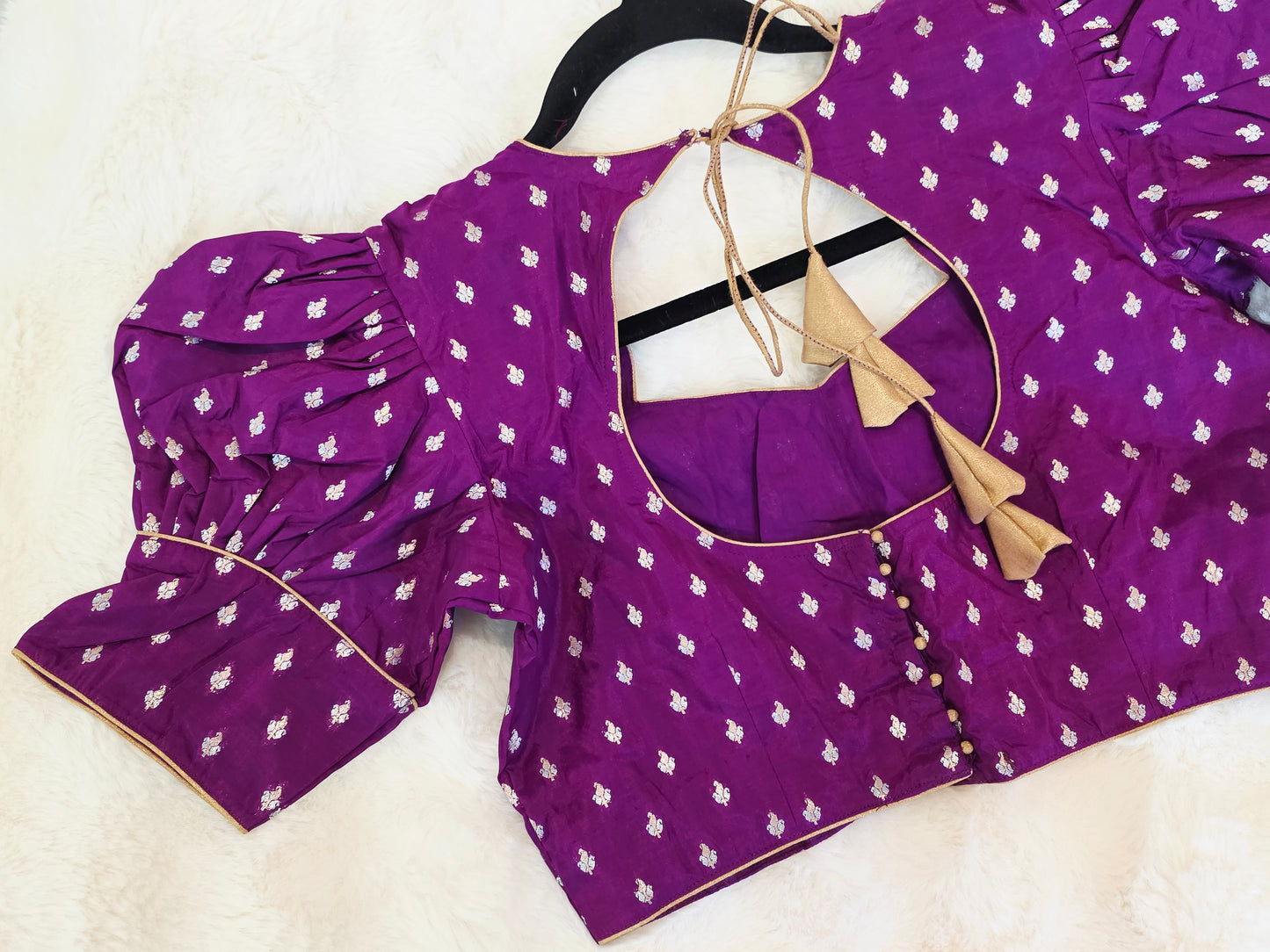 Royal Amethyst Purple Benarasi Puff Sleeve Stitched Blouse Size 38 Extends to 44