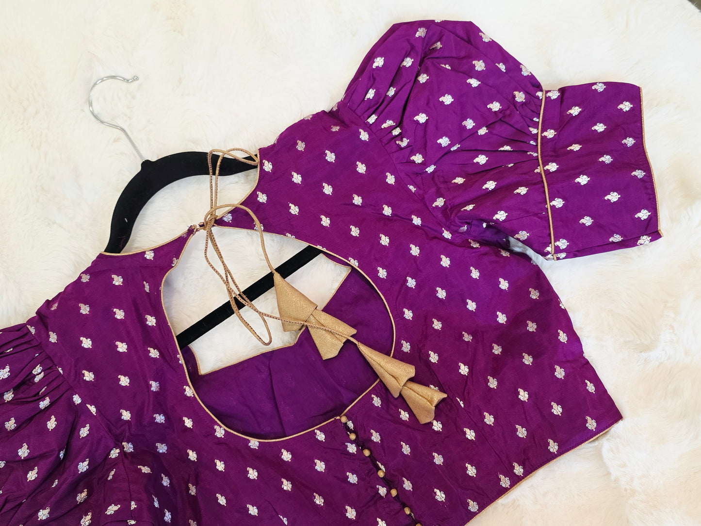 Royal Amethyst Purple Benarasi Puff Sleeve Stitched Blouse Size 38 Extends to 44