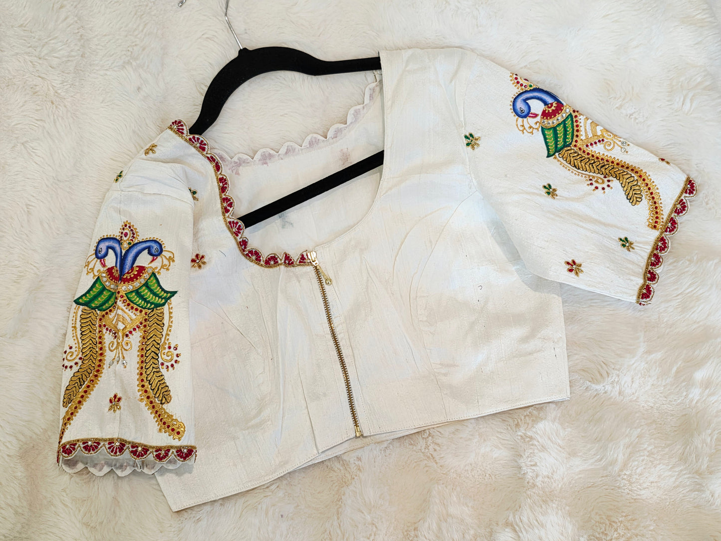 Ivory Pearl Pure Raw Silk Tanjore Peacock Maggam Work Blouse Size 38 Extends to 44