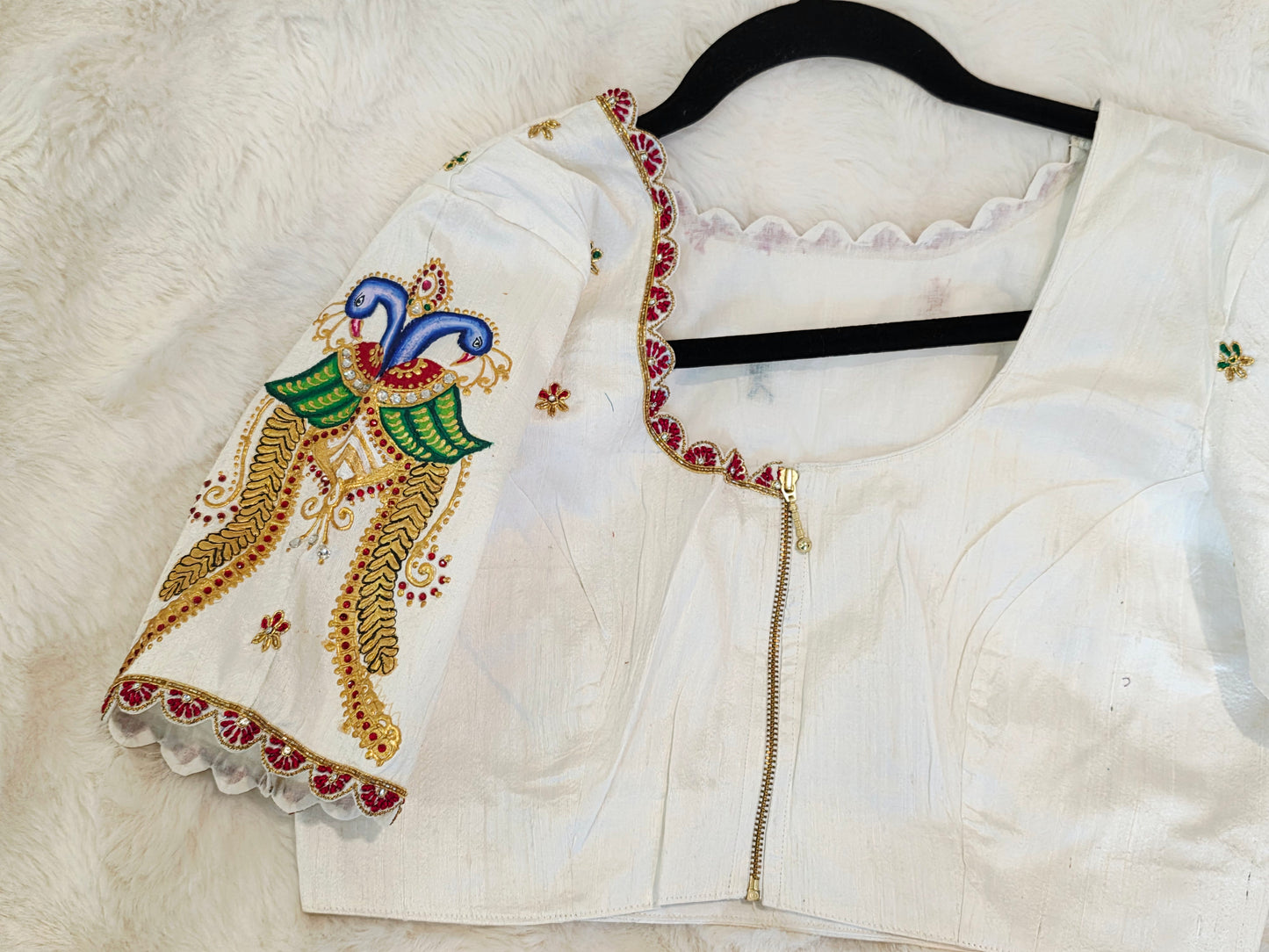 Ivory Pearl Pure Raw Silk Tanjore Peacock Maggam Work Blouse Size 38 Extends to 44