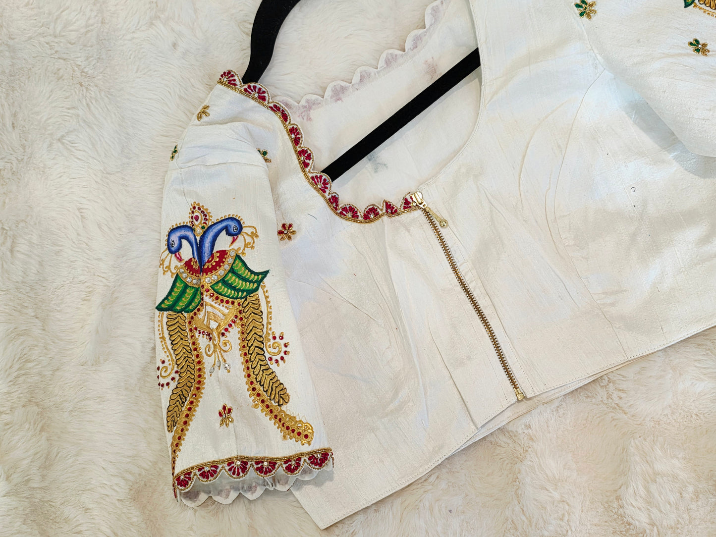Ivory Pearl Pure Raw Silk Tanjore Peacock Maggam Work Blouse Size 38 Extends to 44