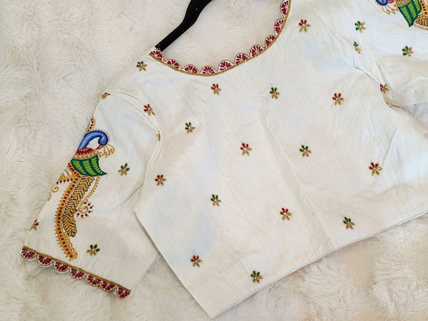 Ivory Pearl Pure Raw Silk Tanjore Peacock Maggam Work Blouse Size 38 Extends to 44