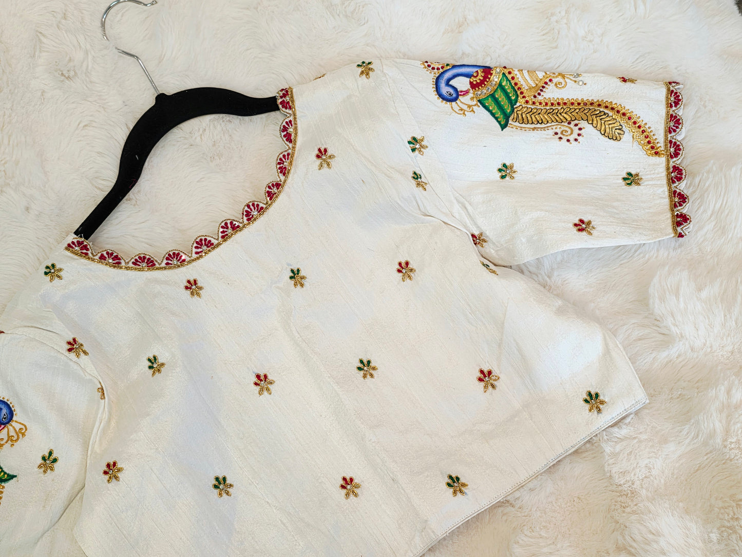 Ivory Pearl Pure Raw Silk Tanjore Peacock Maggam Work Blouse Size 38 Extends to 44