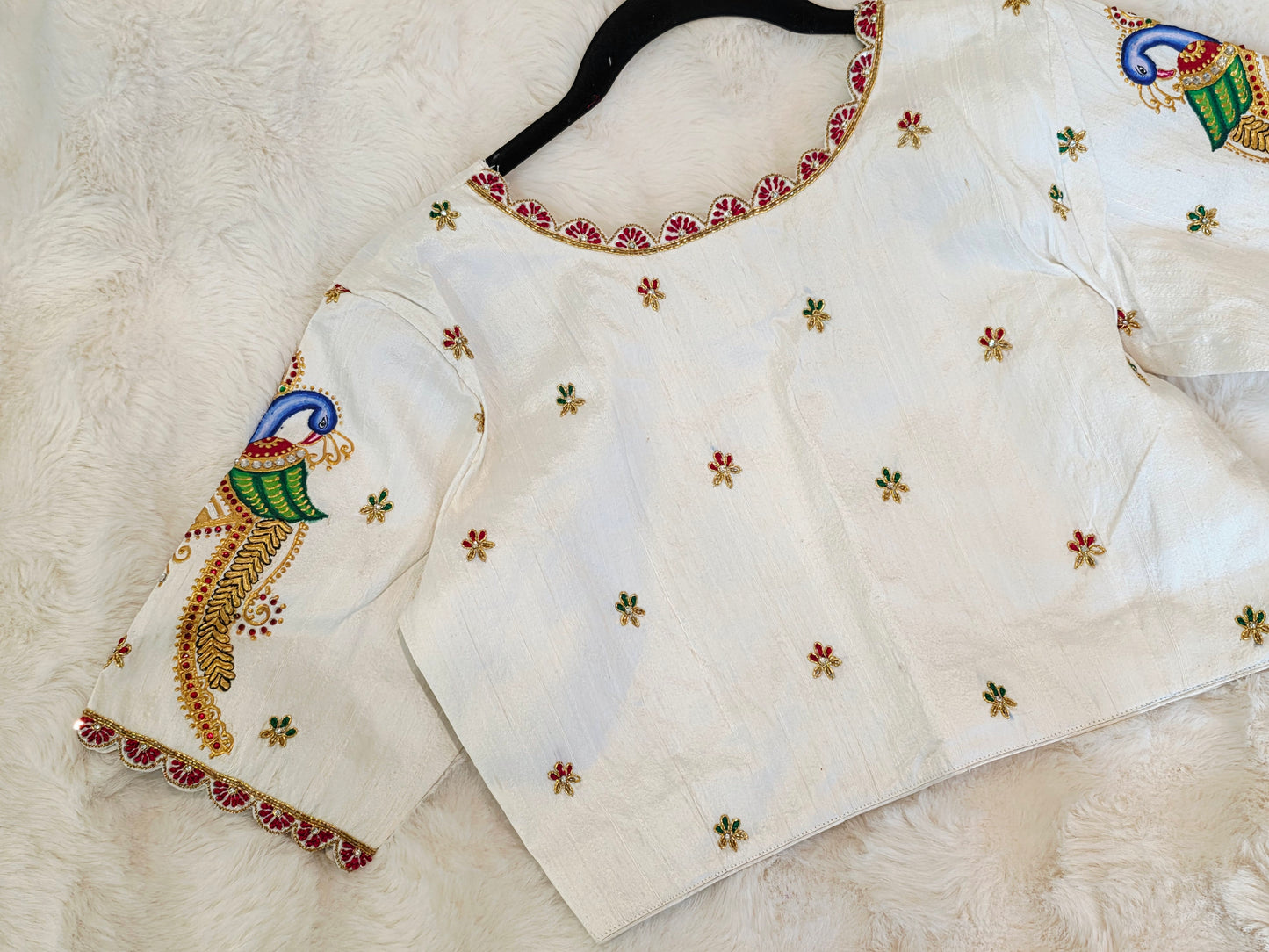 Ivory Pearl Pure Raw Silk Tanjore Peacock Maggam Work Blouse Size 38 Extends to 44