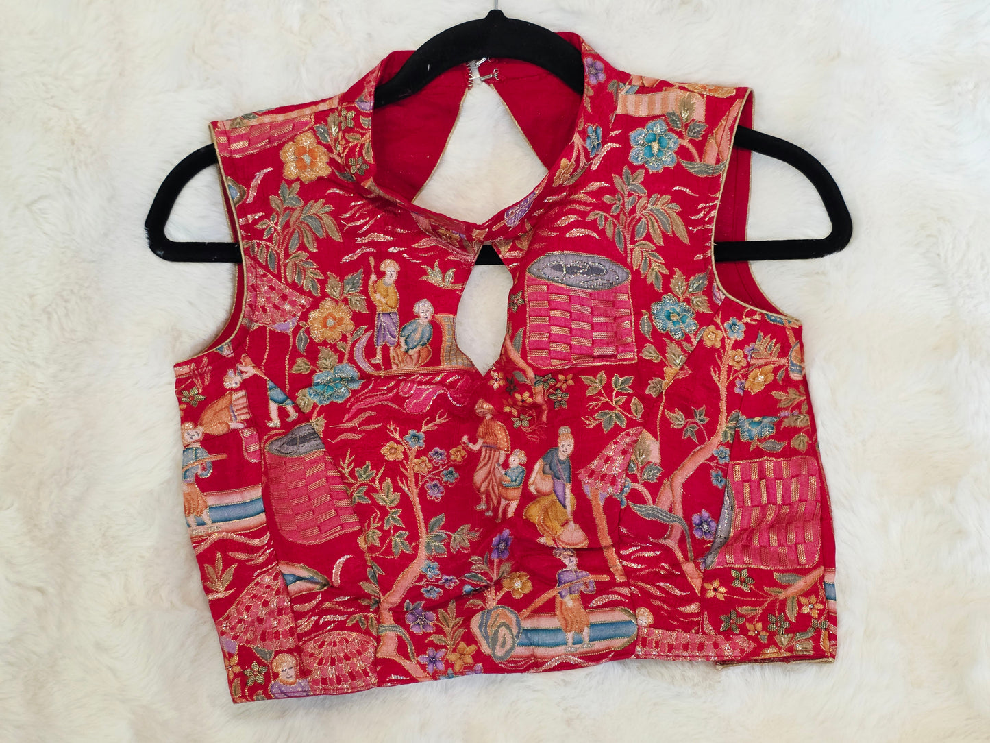 Royal Ruby Red Benarasi Heritage Art Sleeveless Stitched Blouse Size 34 Extends to 40