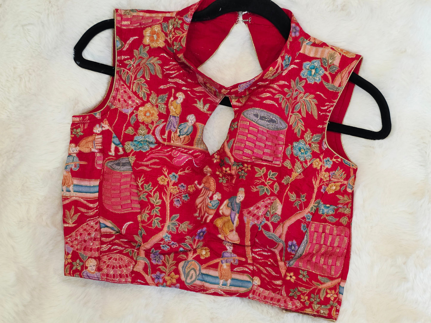 Royal Ruby Red Benarasi Heritage Art Sleeveless Stitched Blouse Size 34 Extends to 40