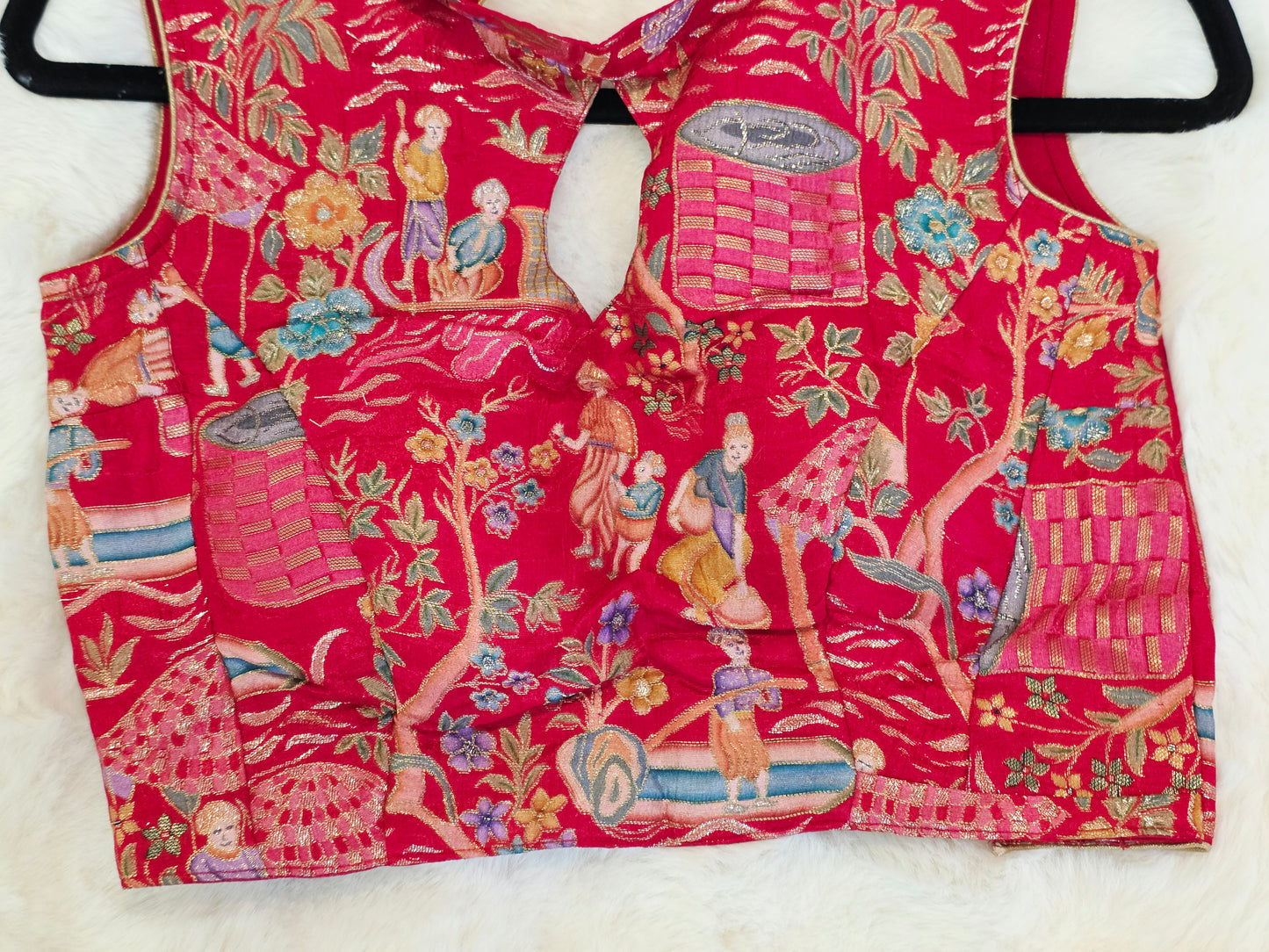 Royal Ruby Red Benarasi Heritage Art Sleeveless Stitched Blouse Size 34 Extends to 40