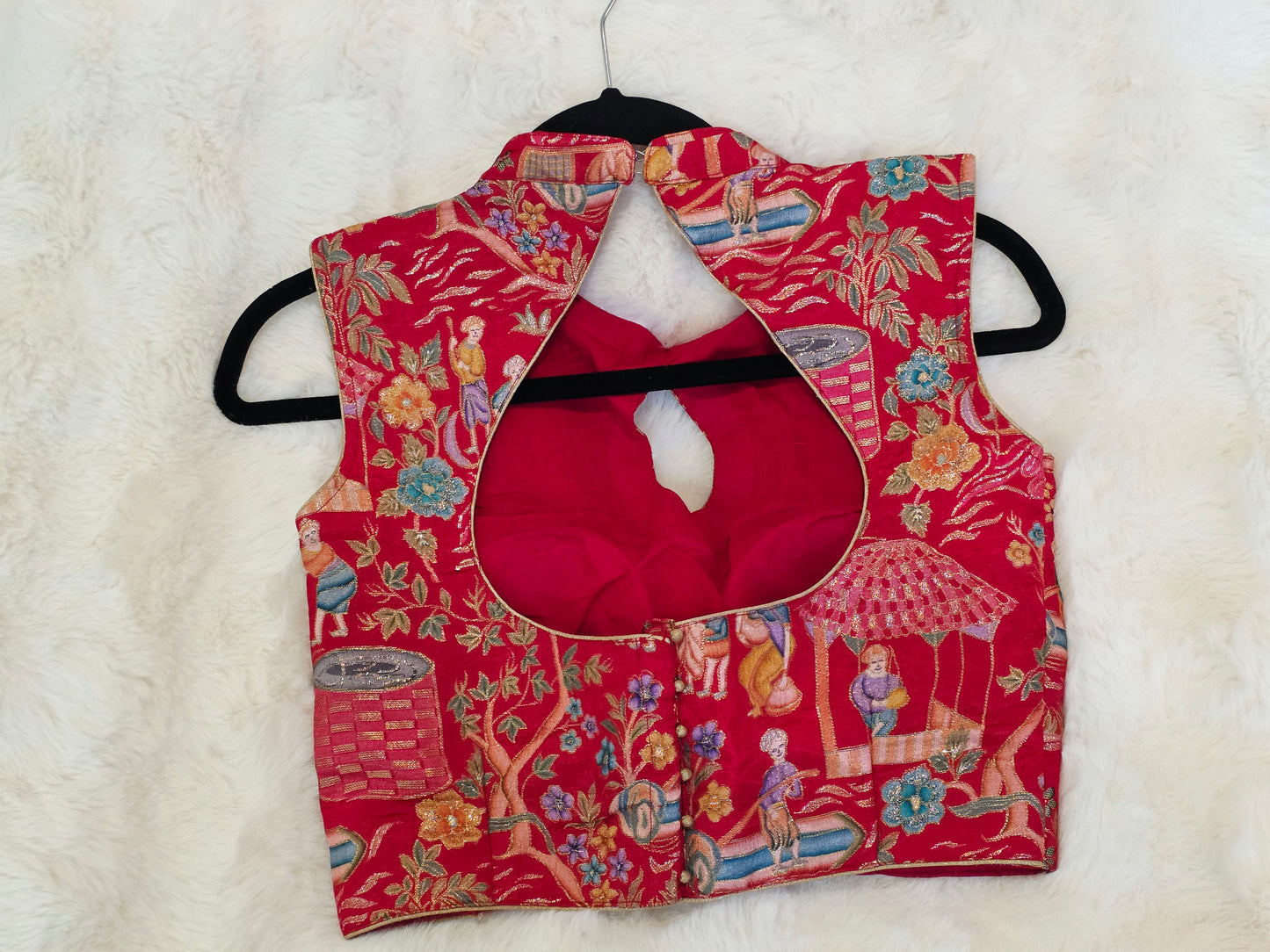Royal Ruby Red Benarasi Heritage Art Sleeveless Stitched Blouse Size 34 Extends to 40