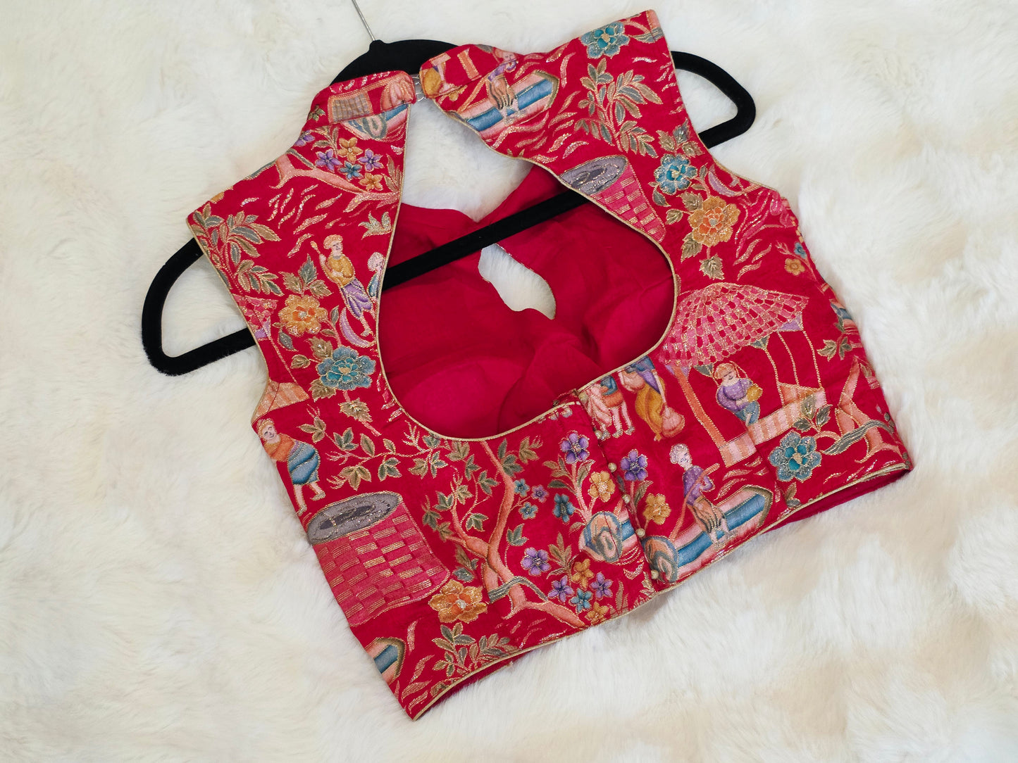 Royal Ruby Red Benarasi Heritage Art Sleeveless Stitched Blouse Size 34 Extends to 40