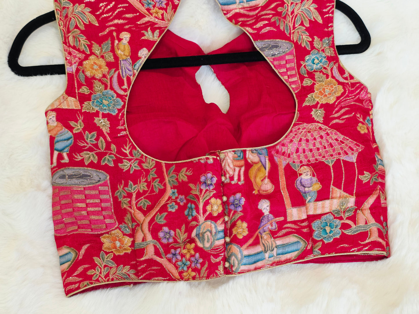 Royal Ruby Red Benarasi Heritage Art Sleeveless Stitched Blouse Size 34 Extends to 40