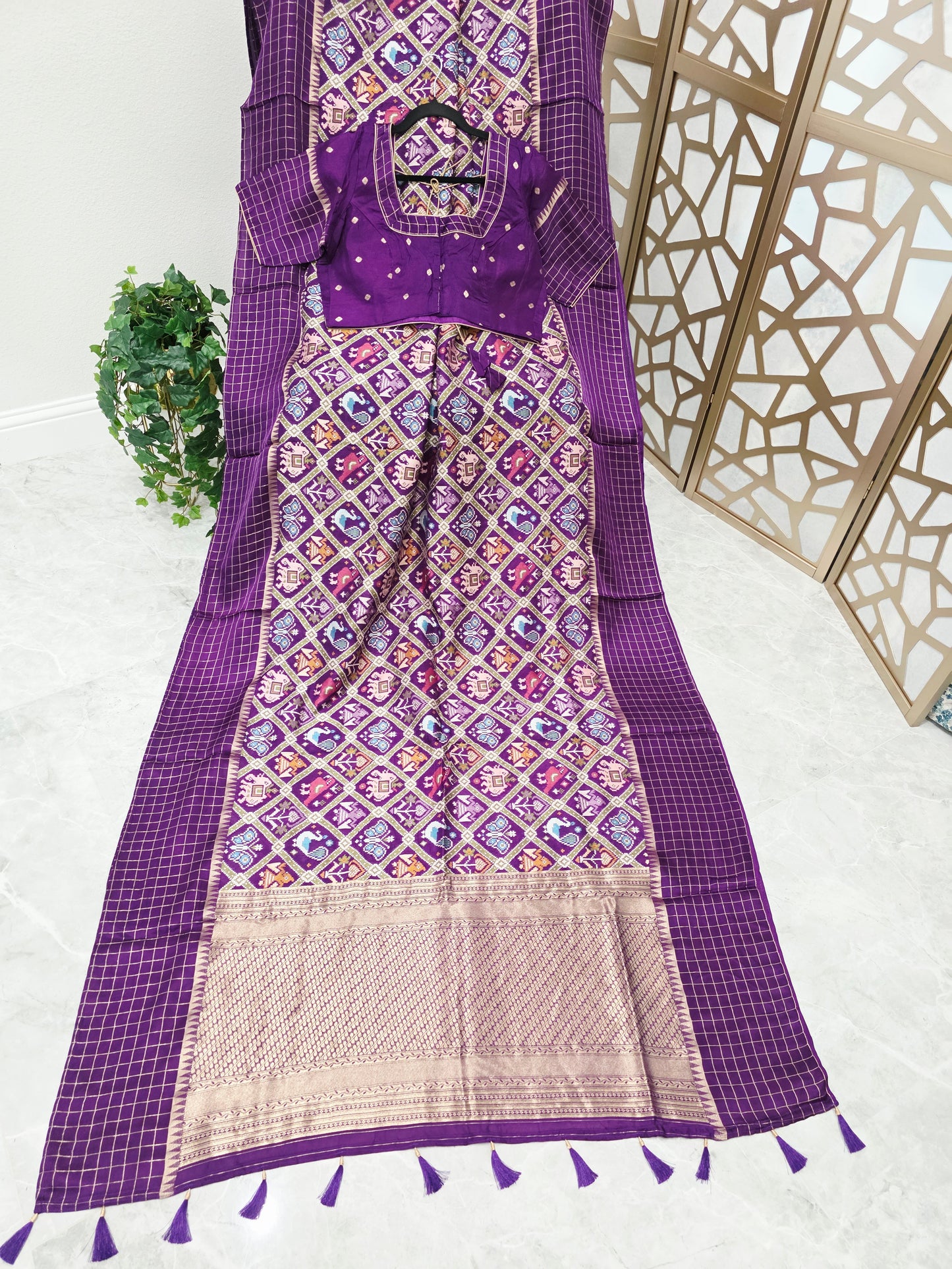 Royal Purple Benarasi Crepe Silk Patola Designer Saree with Gold Check Borders & Matching Stitched Blouse Size 42, Extendable to 48