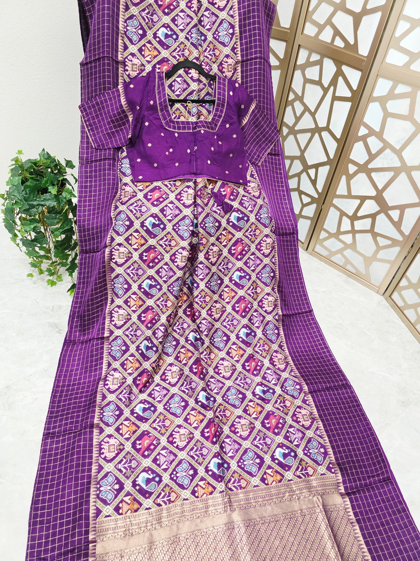 Royal Purple Benarasi Crepe Silk Patola Designer Saree with Gold Check Borders & Matching Stitched Blouse Size 42, Extendable to 48