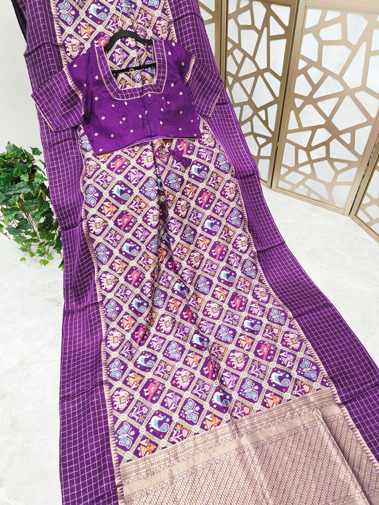 Royal Purple Benarasi Crepe Silk Patola Designer Saree with Gold Check Borders & Matching Stitched Blouse Size 42, Extendable to 48