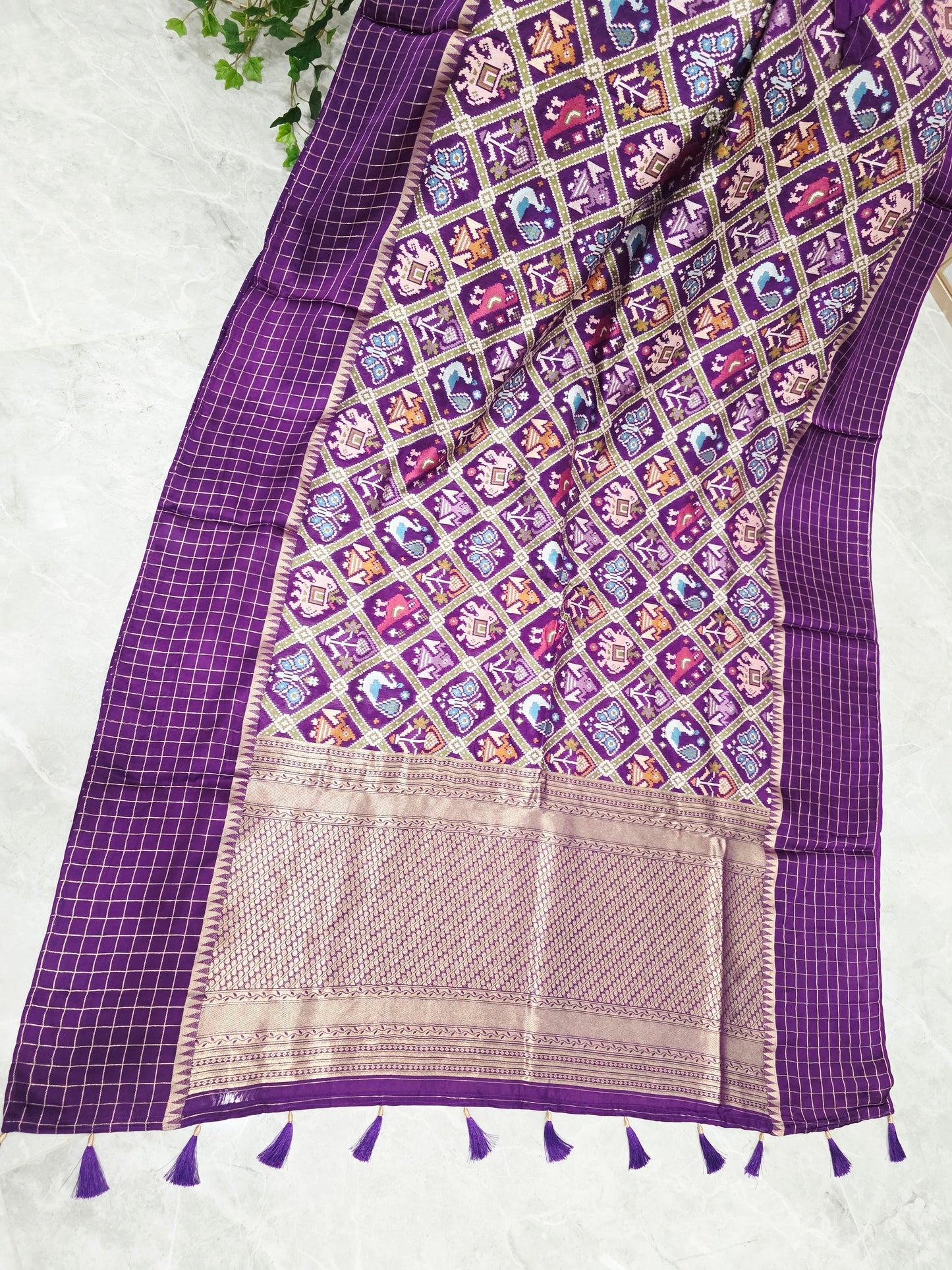 Royal Purple Benarasi Crepe Silk Patola Designer Saree with Gold Check Borders & Matching Stitched Blouse Size 42, Extendable to 48