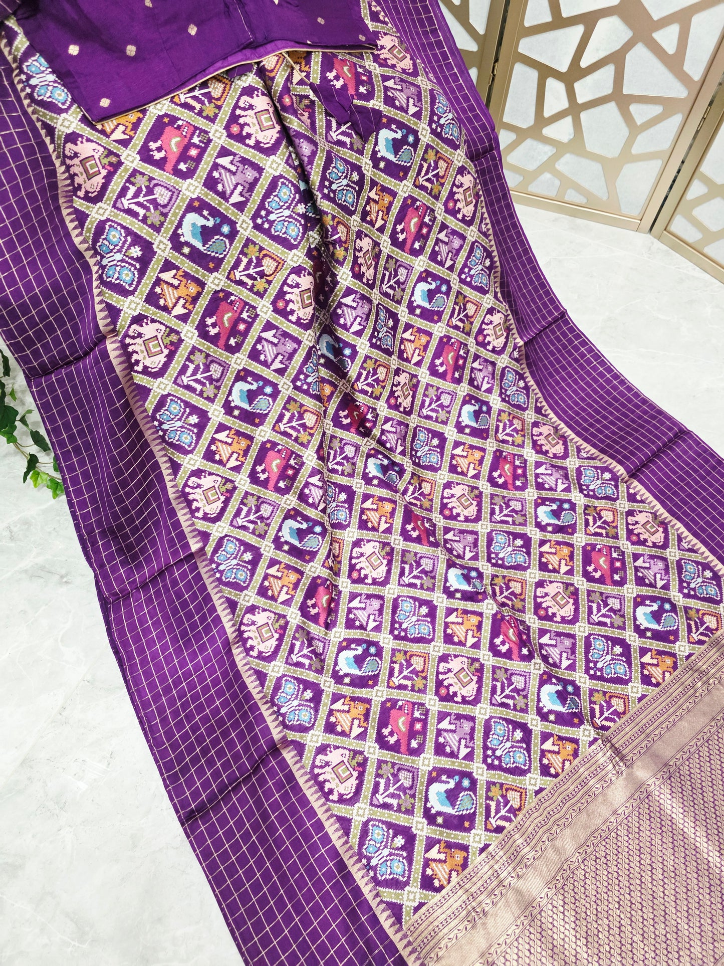 Royal Purple Benarasi Crepe Silk Patola Designer Saree with Gold Check Borders & Matching Stitched Blouse Size 42, Extendable to 48